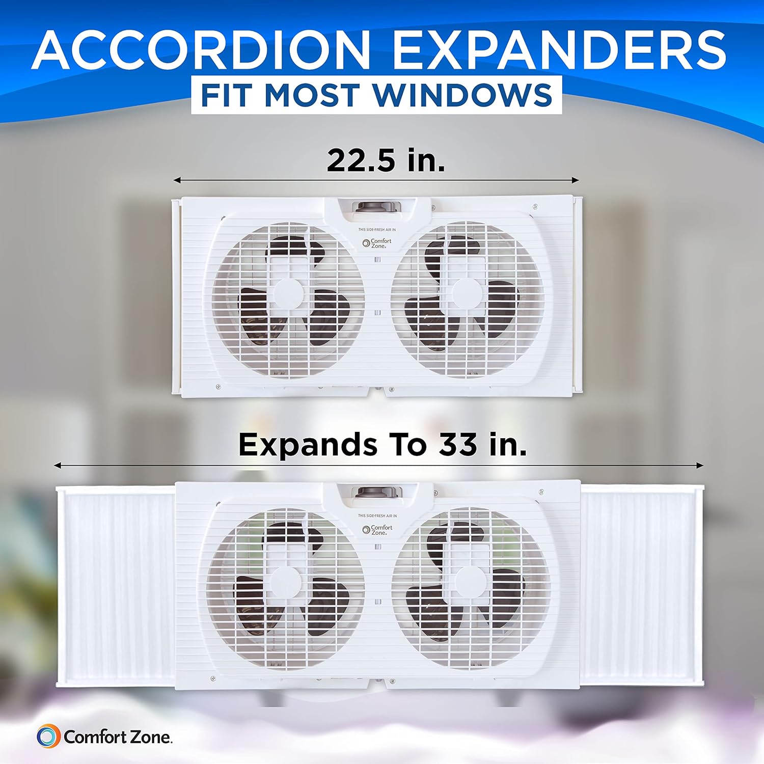 Comfort Zone Twin Window Fan with Reversible Airflow Control, 9 inch, Auto-Locking Expanders, 2 Speed Fan, Dual Fan, Exhaust, Airflow 9.84 ft/sec, Ideal for Home, Kitchen, Bedroom & Office, CZ319WT - Image 3