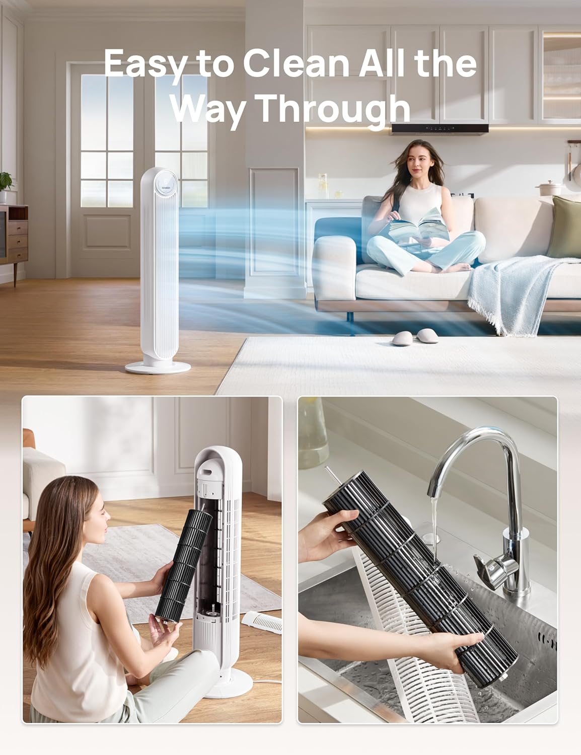 Dreo Tower Fan for Bedroom, 25ft/s Velocity Quiet Floor Fan, 90° Oscillating Fans for Indoors with 4 Speeds, 4 Modes, 8H Timer, Standing Fans, Bladeless Fan, White (DR-HTF007) - Image 6