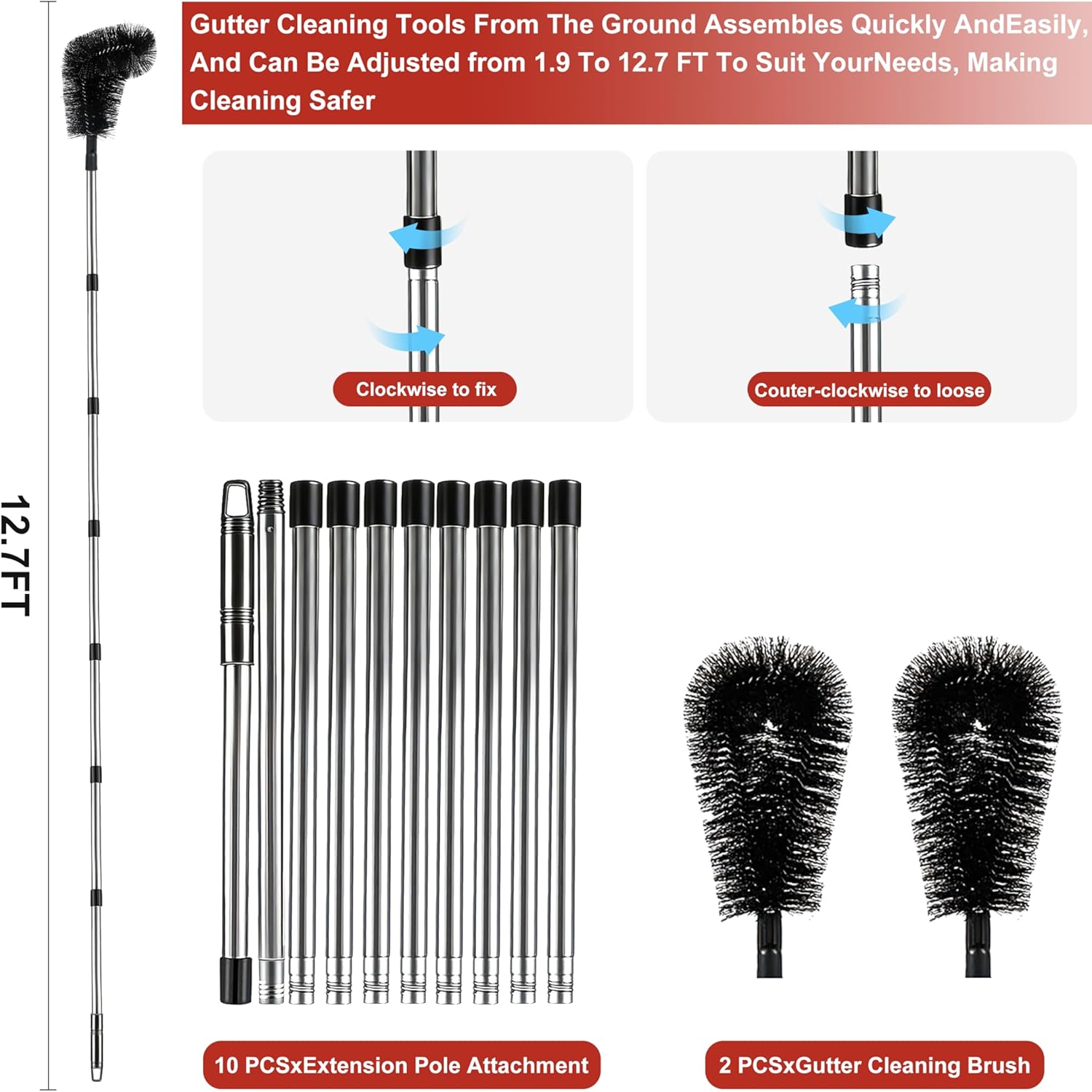 Gutter Cleaning Tools From The Ground - 12.7-Foot Adjustable Gutter Cleaner Tools with Bendable Nylon Brush,No Ladder Needed—Makes it Easy To Clean Leaves, Branches And Debris from Gutters - Image 2