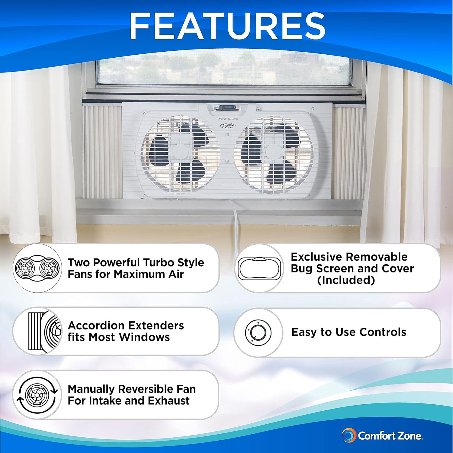 Comfort Zone Twin Window Fan with Reversible Airflow Control, 9 inch, Auto-Locking Expanders, 2 Speed Fan, Dual Fan, Exhaust, Airflow 9.84 ft/sec, Ideal for Home, Kitchen, Bedroom & Office, CZ319WT - Image 2