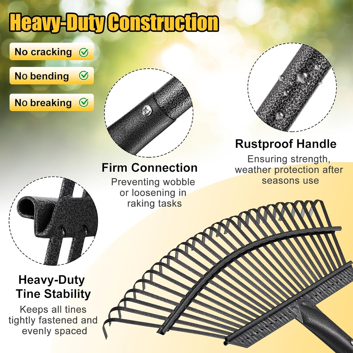 Garden Rake for Leaves: 18” Wide Metal Leaf Rake, 65” Long Adjustable Handle, Heavy Duty 25 Teeth, Fast Kids Women Large Lawn Yard Garden Leaf Cleanup Gardening Rakes: Grass,Debris,Pine Needles Pick - Image 7