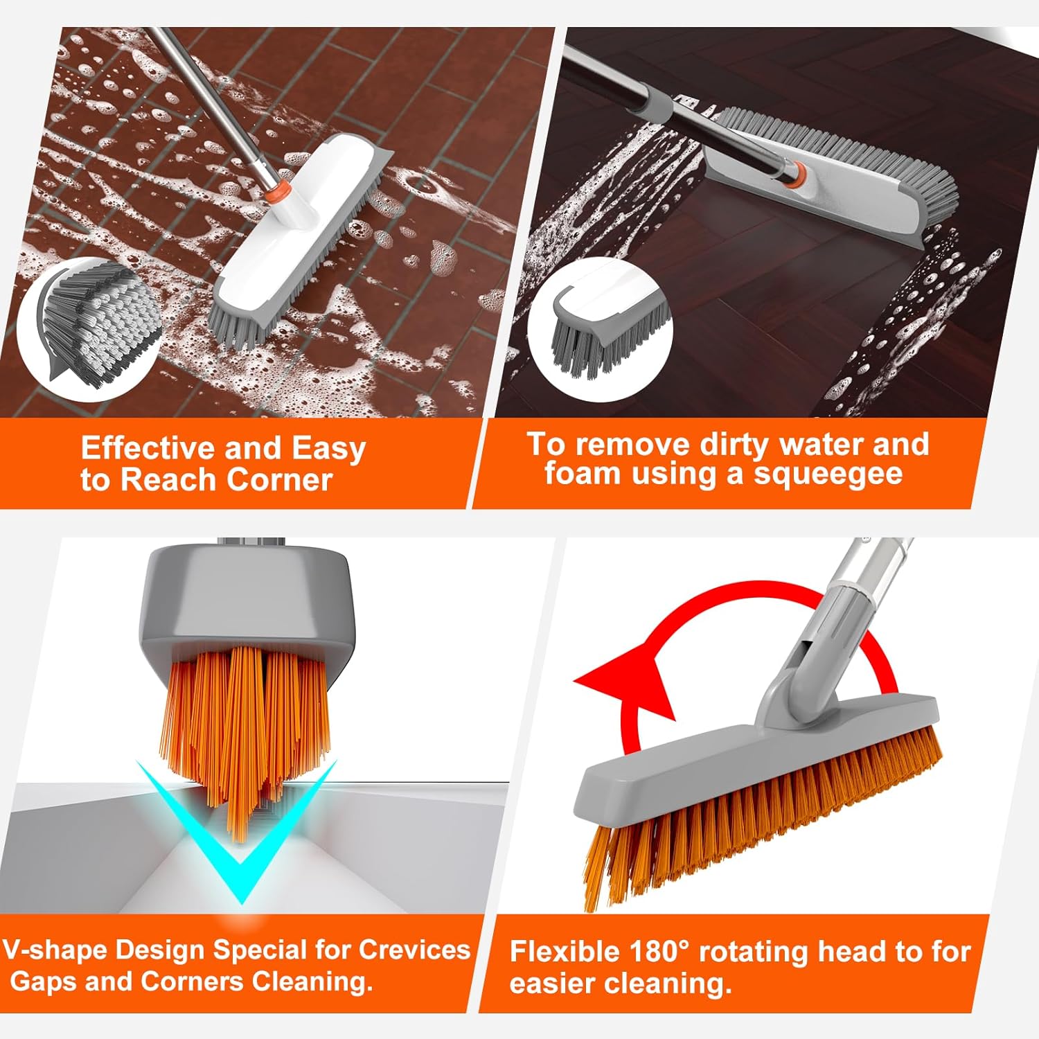 Heavy Duty Floor Scrub Brush and Grout Cleaner Tool with Long Handle Deck Brush with Stiff Bristles Outdoor Scrubber for Cleaning Deck Tile Kitchen Swimming Pool Bathroom(2 Pack Brush Head) - Image 5