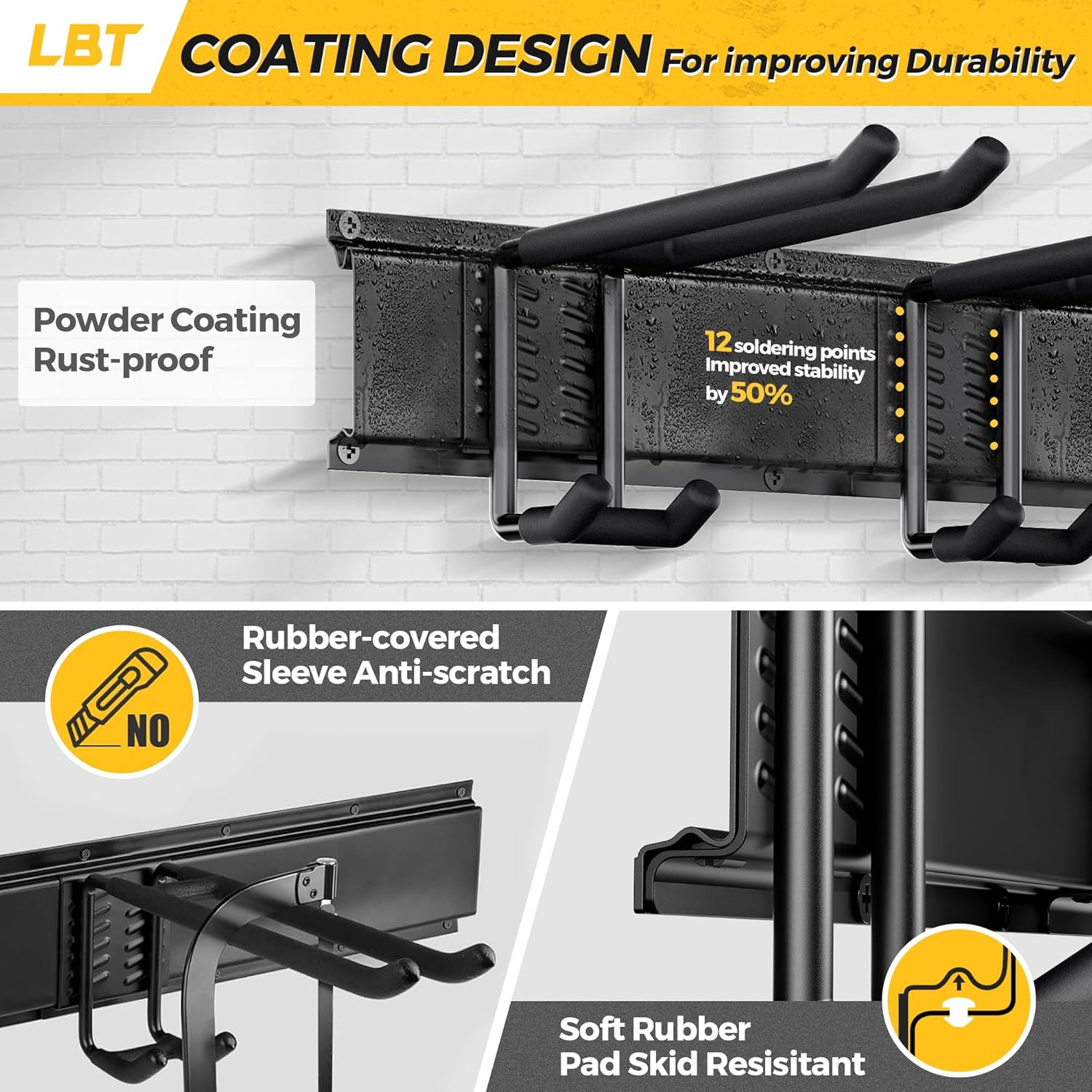 LBT 66" Garage Tool Organizer Wall Mount - 720lbs Garden Tool Organizer with Adjustable Hooks, Heavy Duty Metal Garage Storage Rack, Anti-Rust Shed Rack Holder Hanging Rake Broom Mower Snowboard - Image 3