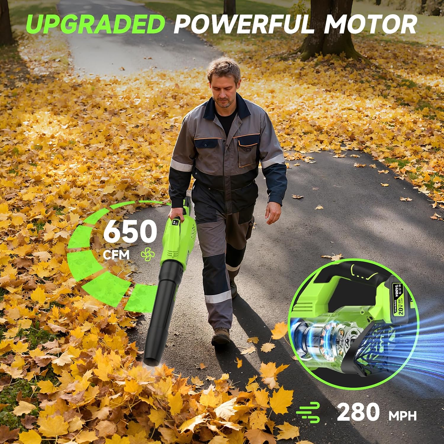 Leaf Blower Cordless, 650CFM Electric Leaf Blowers with 2 x 5.2Ah Batteries and Charger, 3 Speed Modes, 1 x Adjustable Shoulder Strap, Powerful Blowers for Lawn Care, Patio, Dust, Blowing Leaves - Image 2