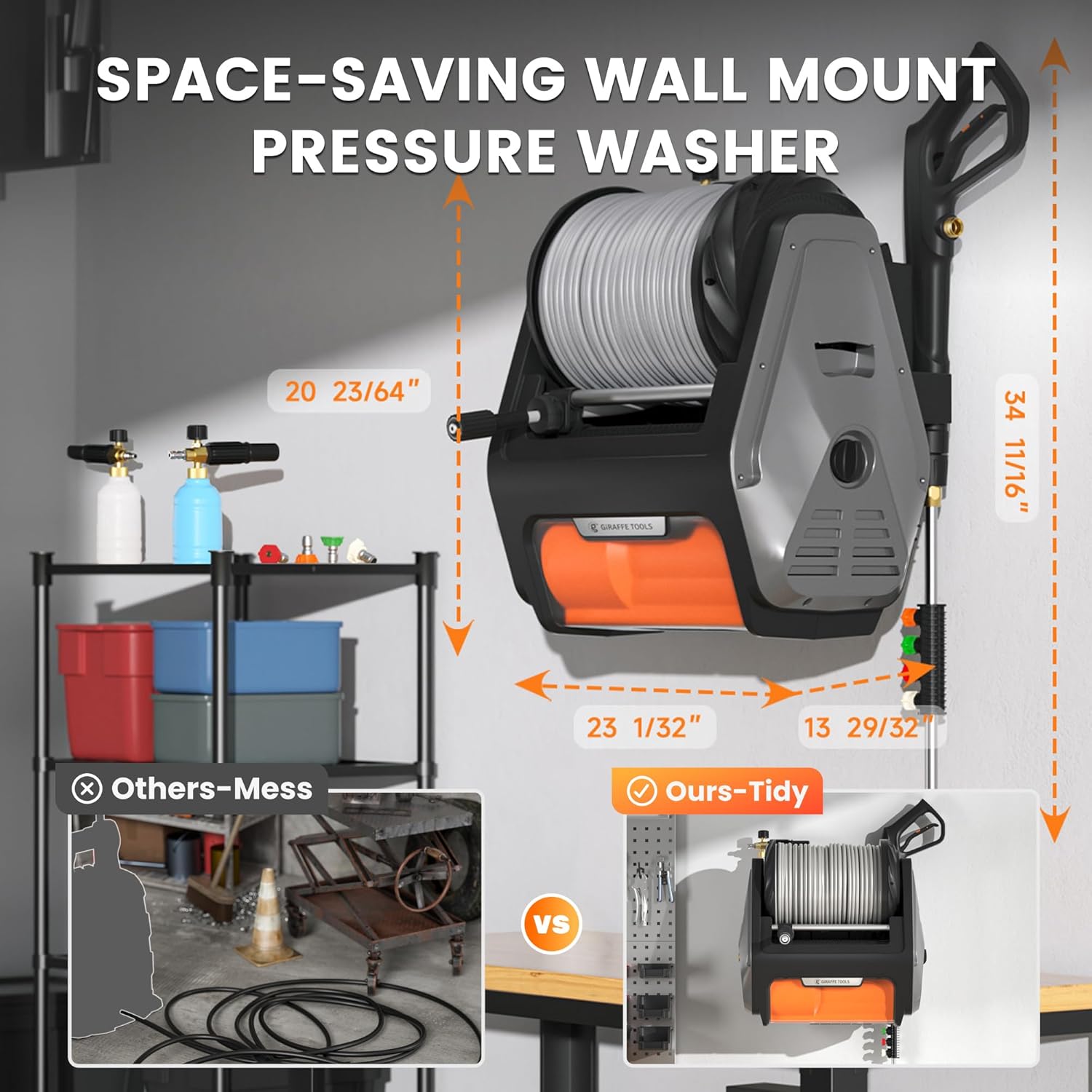 Giraffe Tools Grandfalls Retractable Pressure Washer Pro, Wall Mounted Pressure Washer with 1800W Brushless Motor, 3700PSI Electric Power Washer with 100ft Pressure Hoses, Dark Silver - Image 4