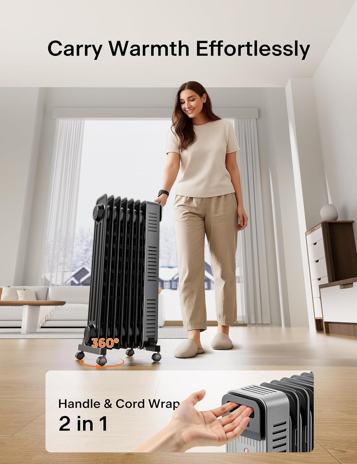 Pelonis Oil Filled Radiator Heater for Large Space, 2025 Upgraded, Space Heaters with 1500W Quiet Warmth Radiant Heater, 3 Heating Modes, Overheat & Tip-Over Protection, Adjustable Thermostat, Black - Image 7