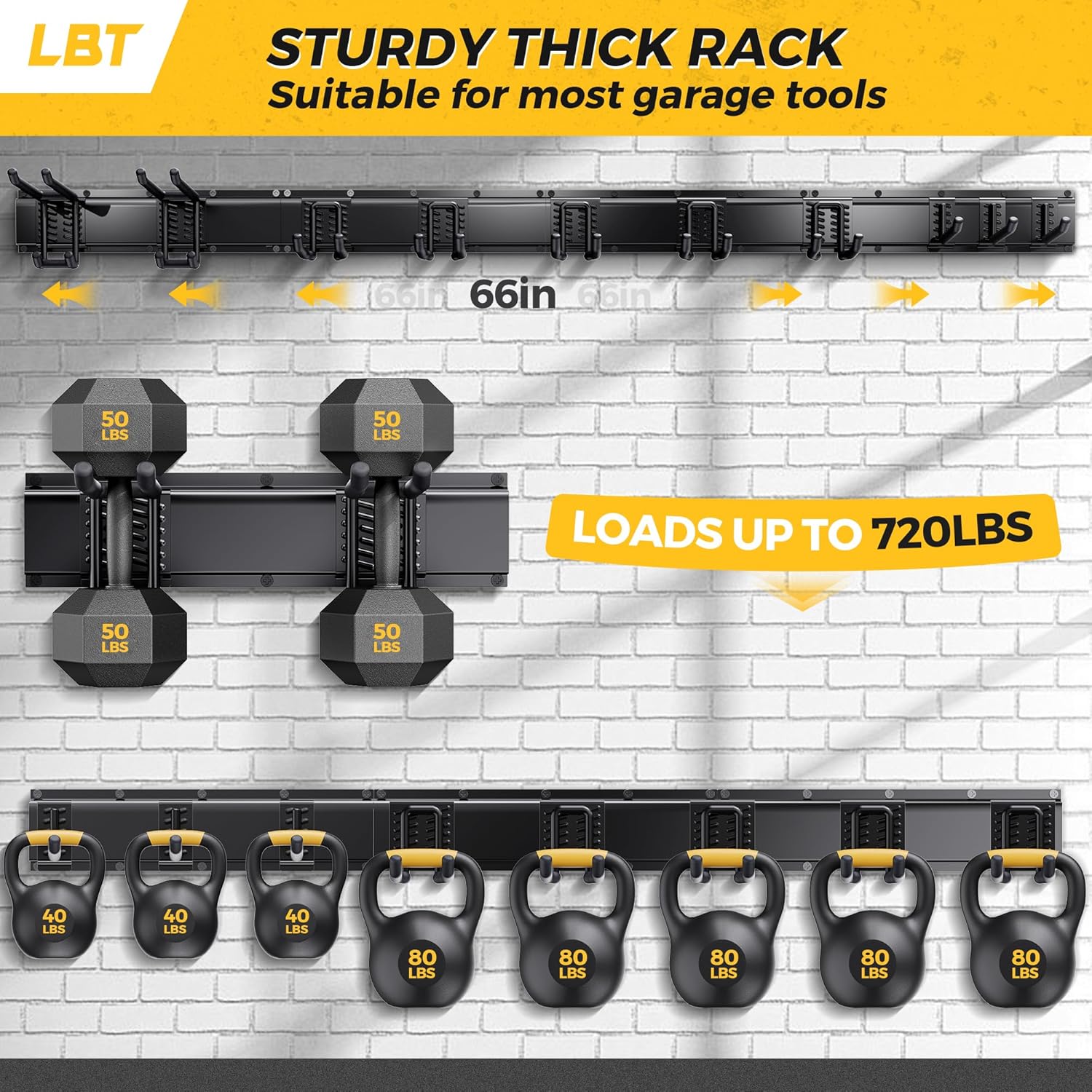 LBT 66" Garage Tool Organizer Wall Mount - 720lbs Garden Tool Organizer with Adjustable Hooks, Heavy Duty Metal Garage Storage Rack, Anti-Rust Shed Rack Holder Hanging Rake Broom Mower Snowboard - Image 2