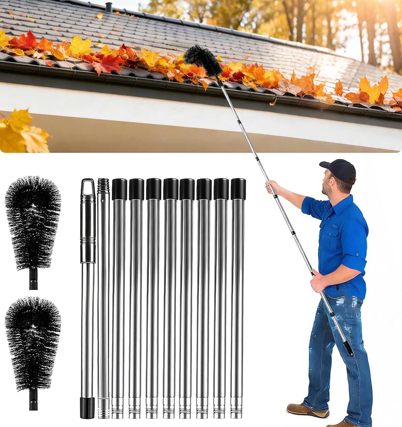 Gutter Cleaning Tools From The Ground - 12.7-Foot Adjustable Gutter Cleaner Tools with Bendable Nylon Brush,No Ladder Needed—Makes it Easy To Clean Leaves, Branches And Debris from Gutters