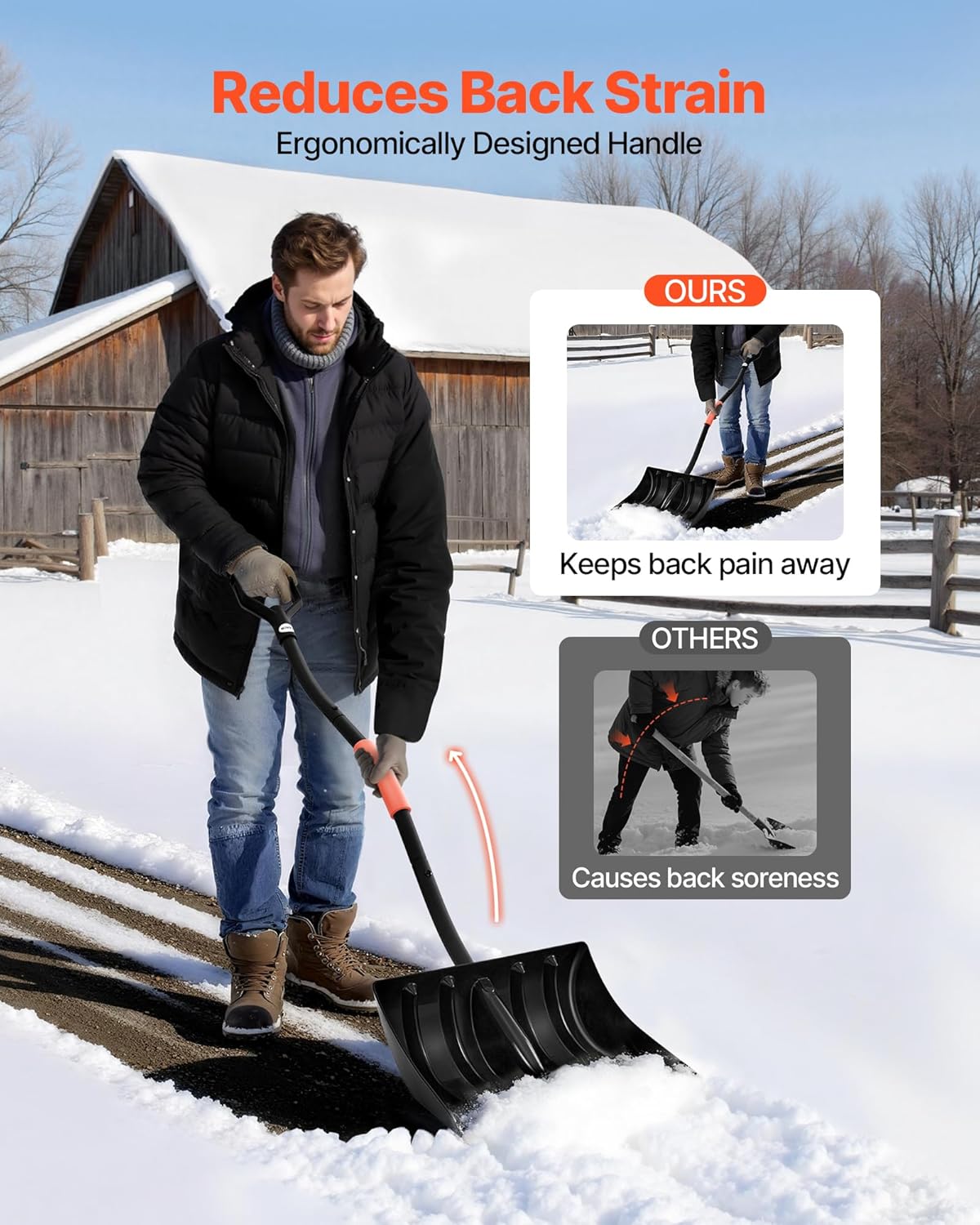 VEVOR Snow Shovel for Driveway, 17 in Wide Plastic Snow Shovel with D-Shaped Handles & Aluminum Blade, Large Capacity Snowplow Shovels, Lightweight Snows Removal Tool for Garden Car Camping - Image 3