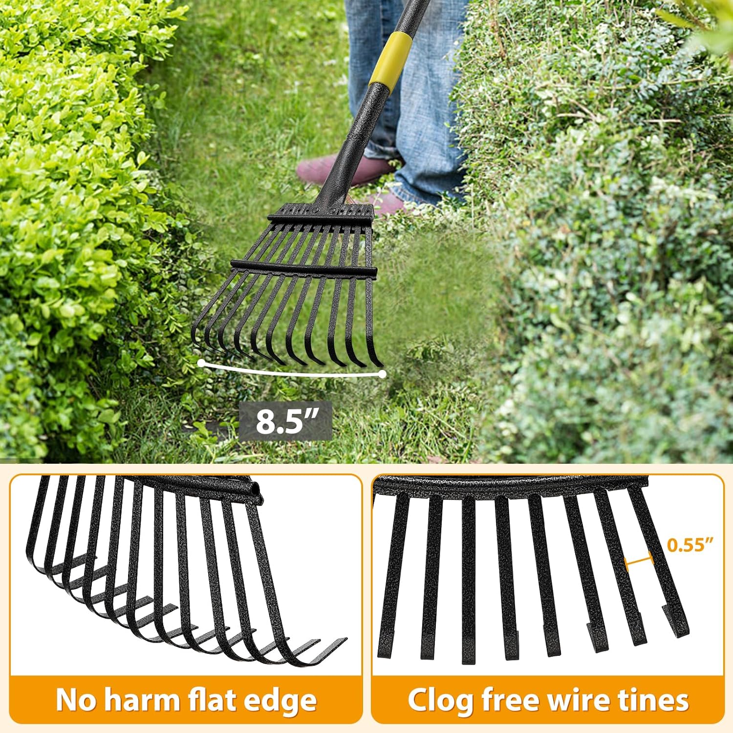 Rake, Garden Leaf Rakes for Lawns Heavy Duty, Yard Metal Rake Tools with 9" Small Narrow Rake Head, 65” Adjustable Long Handle, 11 Steel Tines, Quick Clean up Rake for Shrub, Flower Bed, Camping - Image 4
