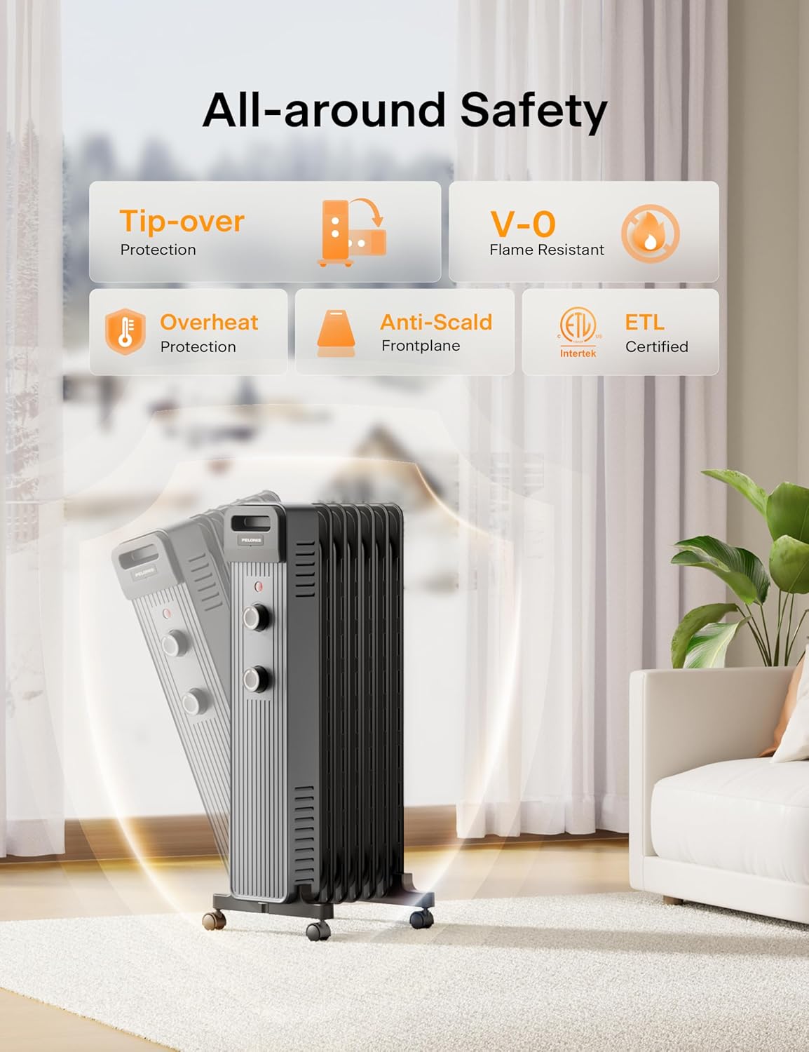 Pelonis Oil Filled Radiator Heater for Large Space, 2025 Upgraded, Space Heaters with 1500W Quiet Warmth Radiant Heater, 3 Heating Modes, Overheat & Tip-Over Protection, Adjustable Thermostat, Black - Image 5