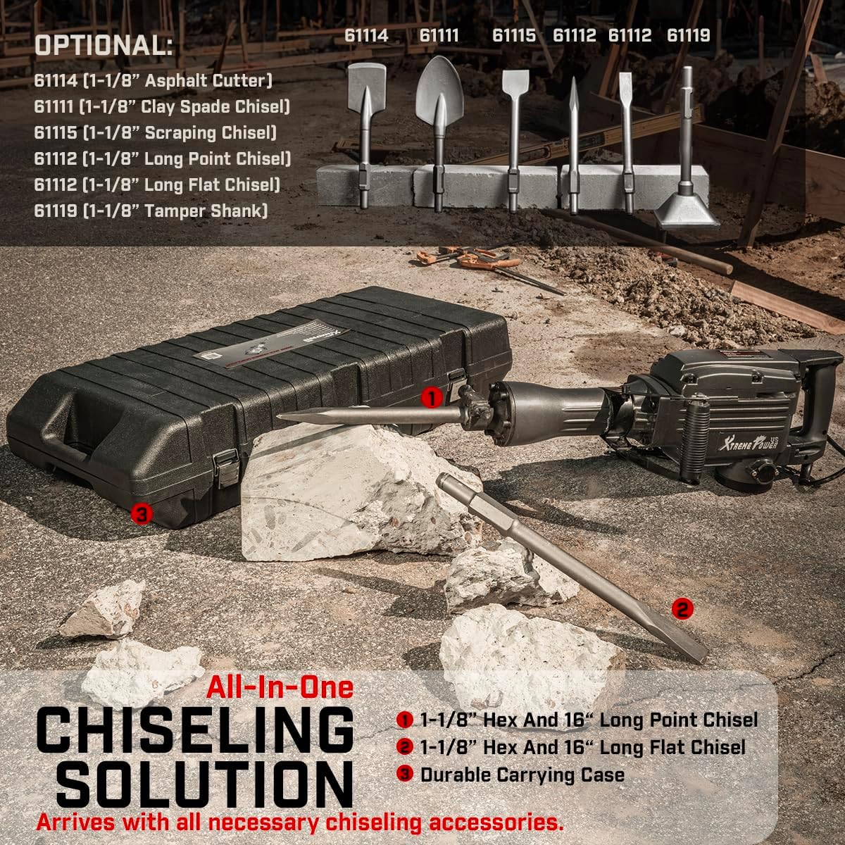 XtremepowerUS 2200W Demolition Electric Jack Hammer Floor Breaker Wood Metal Concrete Breaker High Impact include 2 Chisel Bits (Flat Chisel & Point Chisel) with Case - Image 5