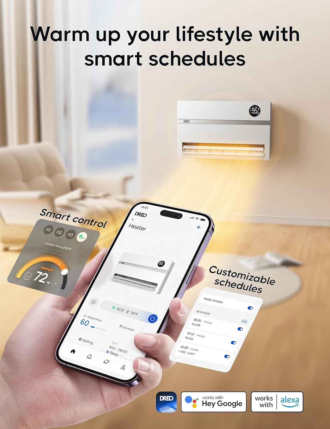 Dreo Smart Wall Heater, Electric Space Heater for Bedroom 1500W, 120° Vertical Oscillation, Adjustable Thermostat, Remote Control, 24H Timer, Easy-Mount Heater for Indoor Use, Works with Alexa, WH719S - Image 3