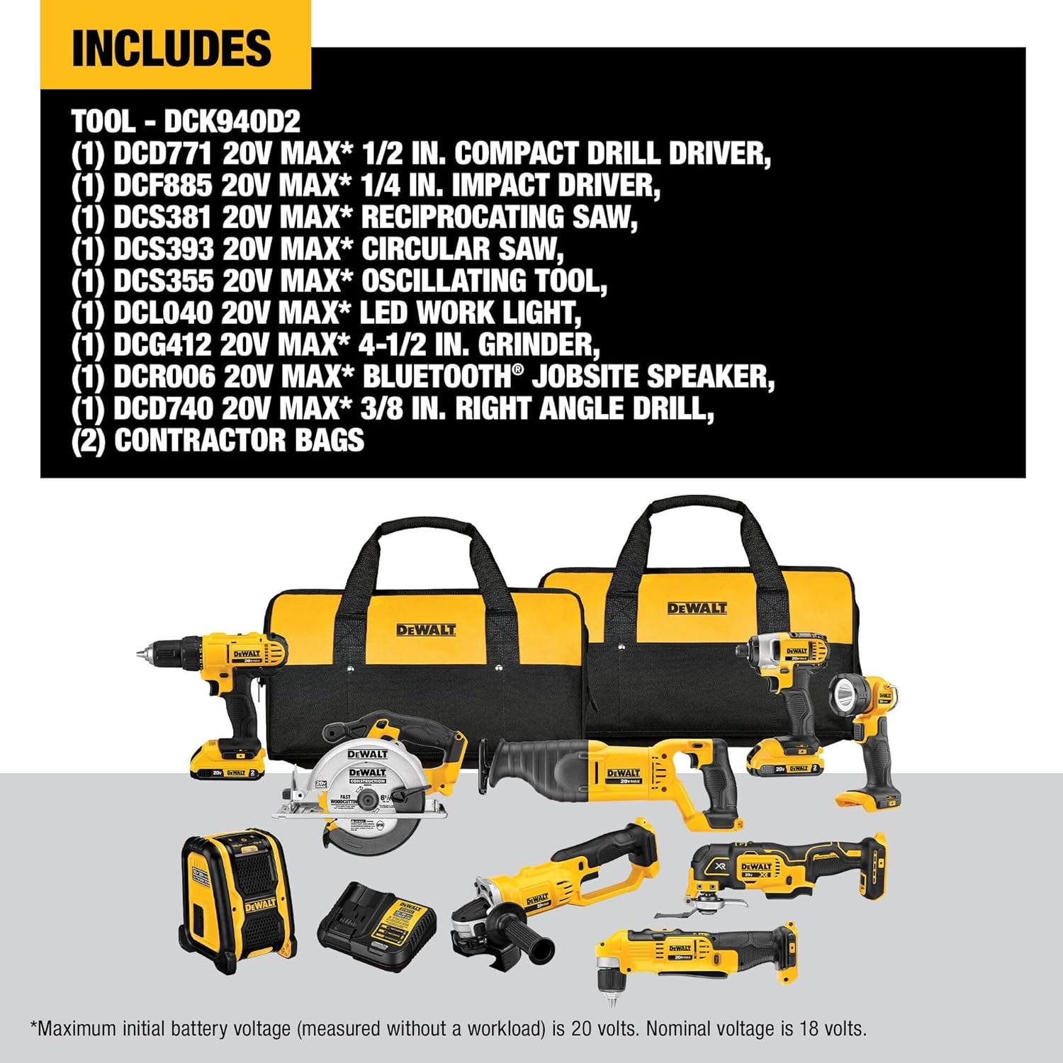 DEWALT 20V MAX Power Tools, 9 Cordless Tool Combo, Impact and Drill Driver, Oscillating Tool, Grinder,Circular and Reciprocating Saw,Right Angle Drill,Speaker,LED Light, 2 Batteries,Charger (DCK940D2) - Image 12