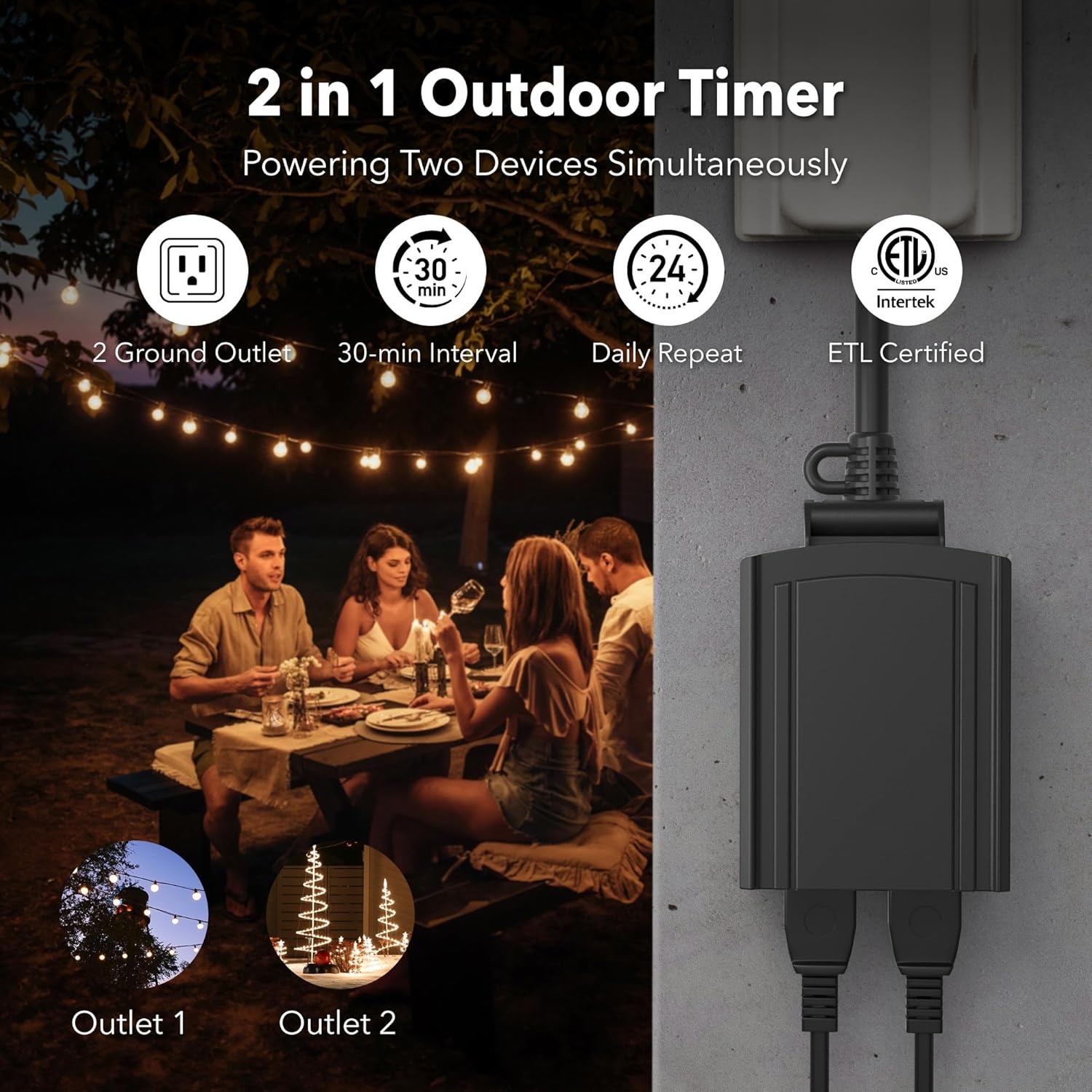 BN-LINK 24 Hour Heavy Duty Mechanical Timer, Outdoor Timer Outlet Waterproof with 30 Minutes Intervals, 2 Grounded Outlets for Christmas Lights Pool Pump,15A 1/2HP, ETL Listed - Image 2