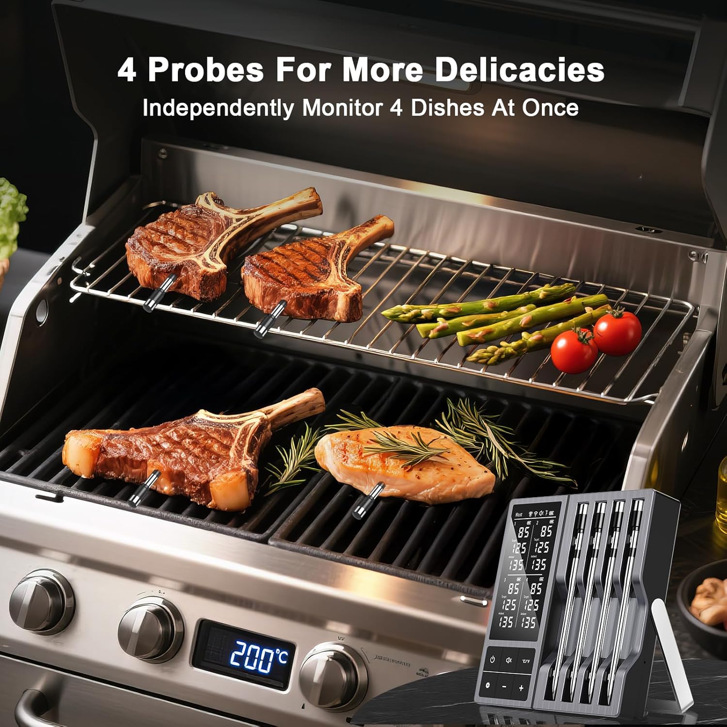 Wireless Meat Thermometer with Smart Timer & APP Alerts, 800ft Bluetooth Grill Food Thermometer, 4 X 0.19In Ultra Thin Probes, ±0.5℉ Accuracy, Big Digital Backlit Screen, for BBQ, Oven, Smoker - Image 2