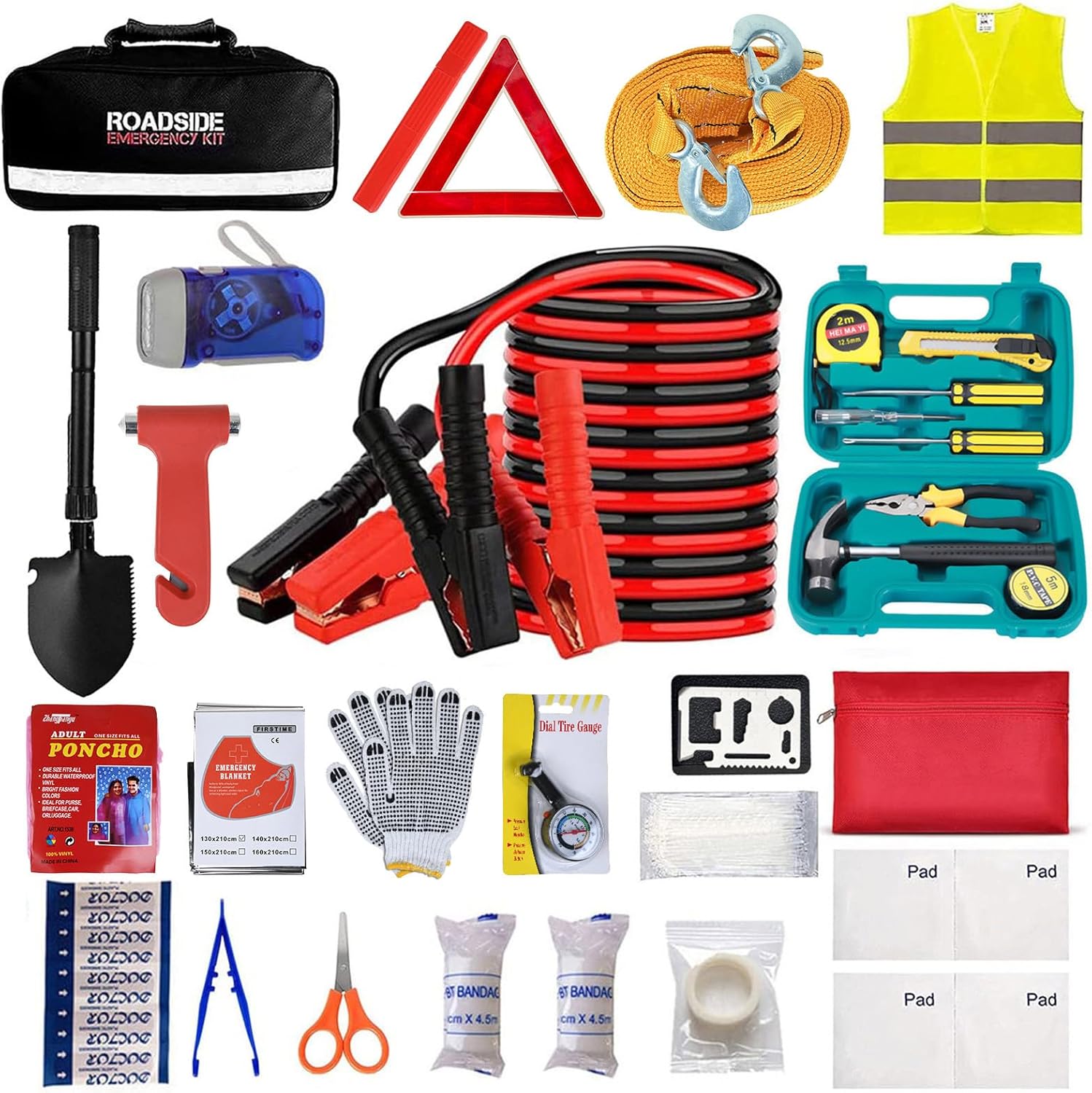 Car Emergency Roadside Tool Kit with Jumper Cable Shovel,Auto Truck Vehicle Assistant Safety Kit Bag for Men Women with First Aid Kit, Winter Basic Automobile Road Side Kit
