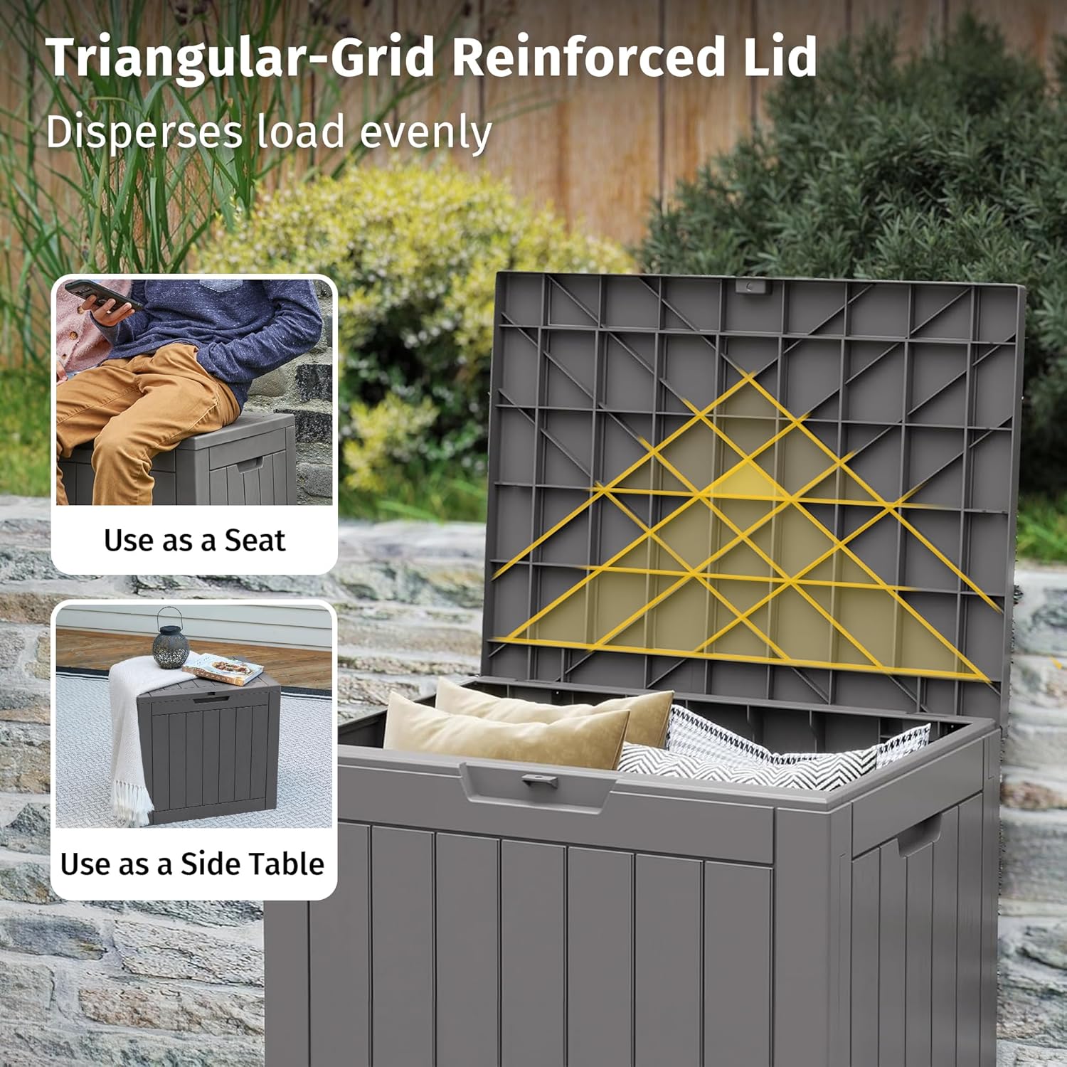EAST OAK Outdoor Storage Box, 31 Gallon Deck Box Indoor and Outdoor Use, Waterproof Resin Storage Bin for Package Delivery, Patio Cushions, Gardening Tools, Lockable, UV Resistant, Grey - Image 6