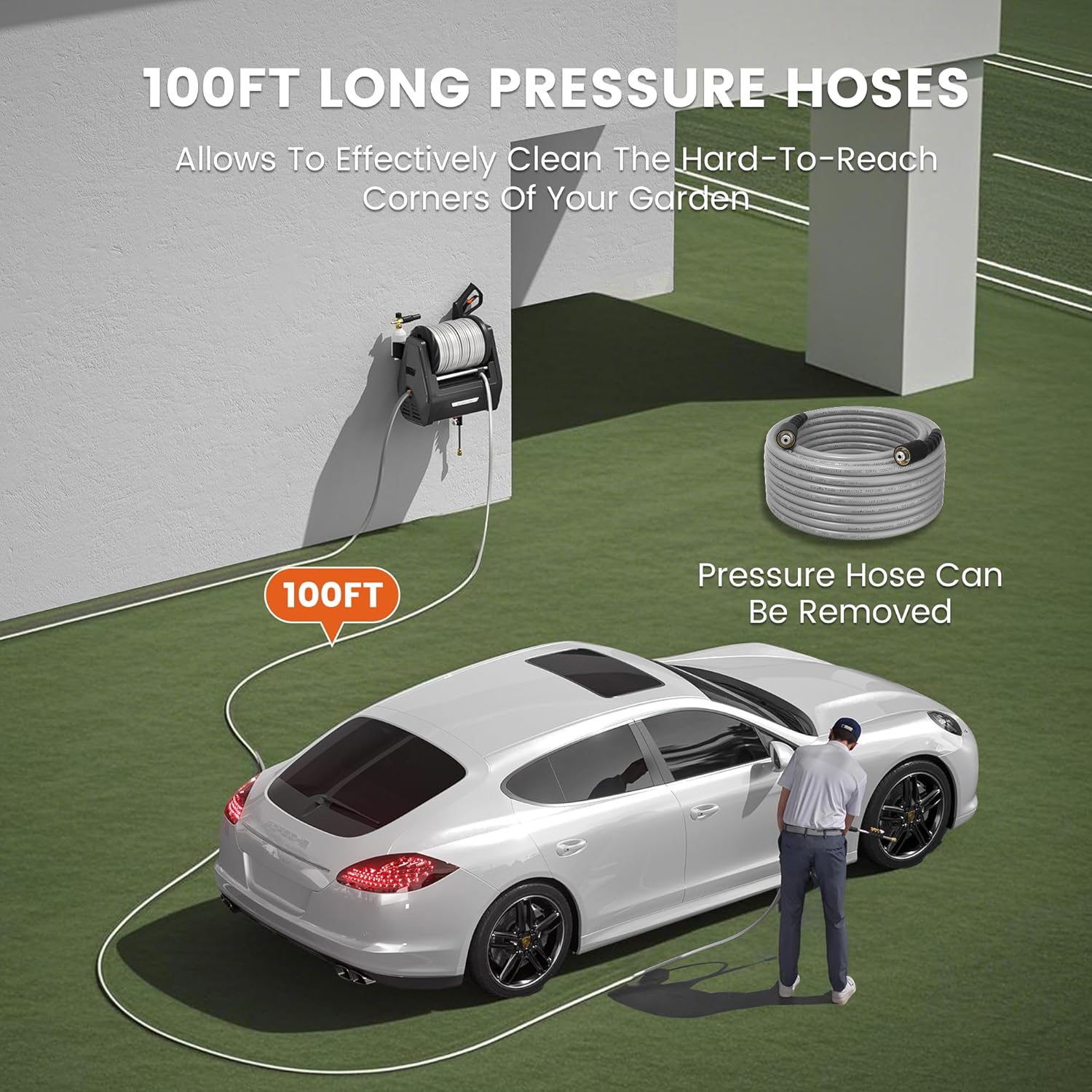 Giraffe Tools Grandfalls Retractable Wall Mount Pressure Washer Plus, Max 2900PSI 2.2 GPM, Electric Power Washer with 100ft Pressure Hose for Car/Patios, Automatic Rewind, Dark Silver - Image 5