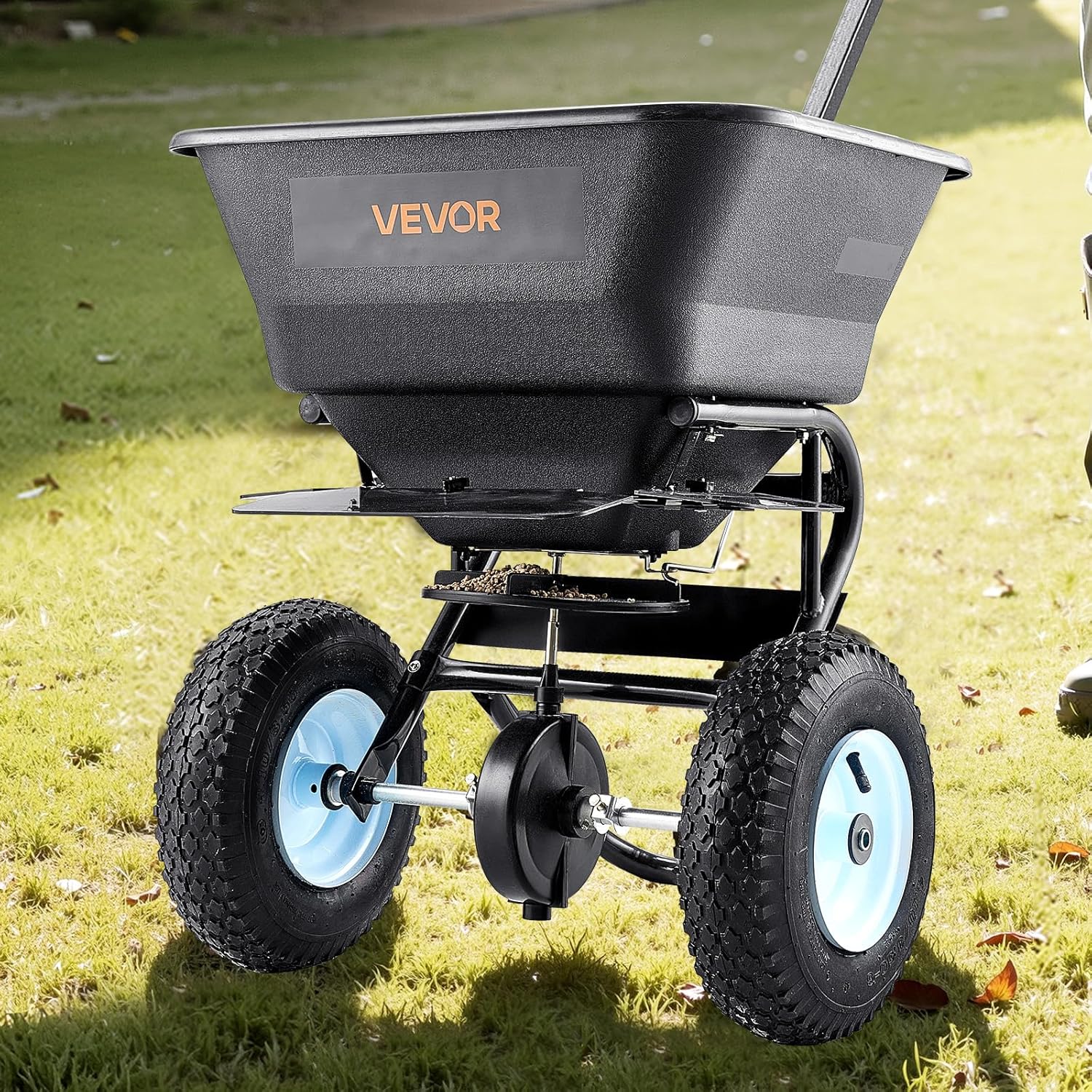 VEVOR Broadcast Spreader, 100LBS Capacity, Walk-Behind Push Spreader, 0-9.8ft Spreading Width, 13 in All Terrain Pneumatic Tires, Fertilizer Spreaders with Hopper Grate, for Seed Salt Ice Melt - Image 8
