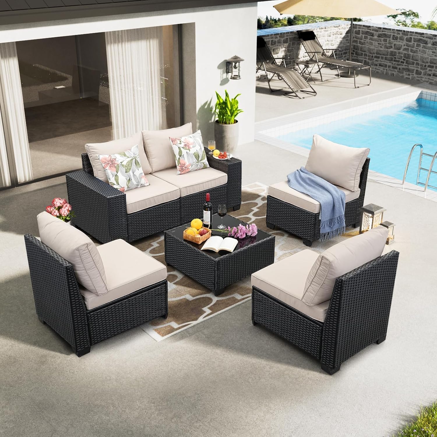 Jing's Villa 6-Piece Patio Furniture Set, All-Weather Outdoor Wicker Sectional Sofa with Cushions, Glass Table & Left and Right Armrest, Rattan Conversation Seating for Porch, Garden, Backyard,Beige - Image 9