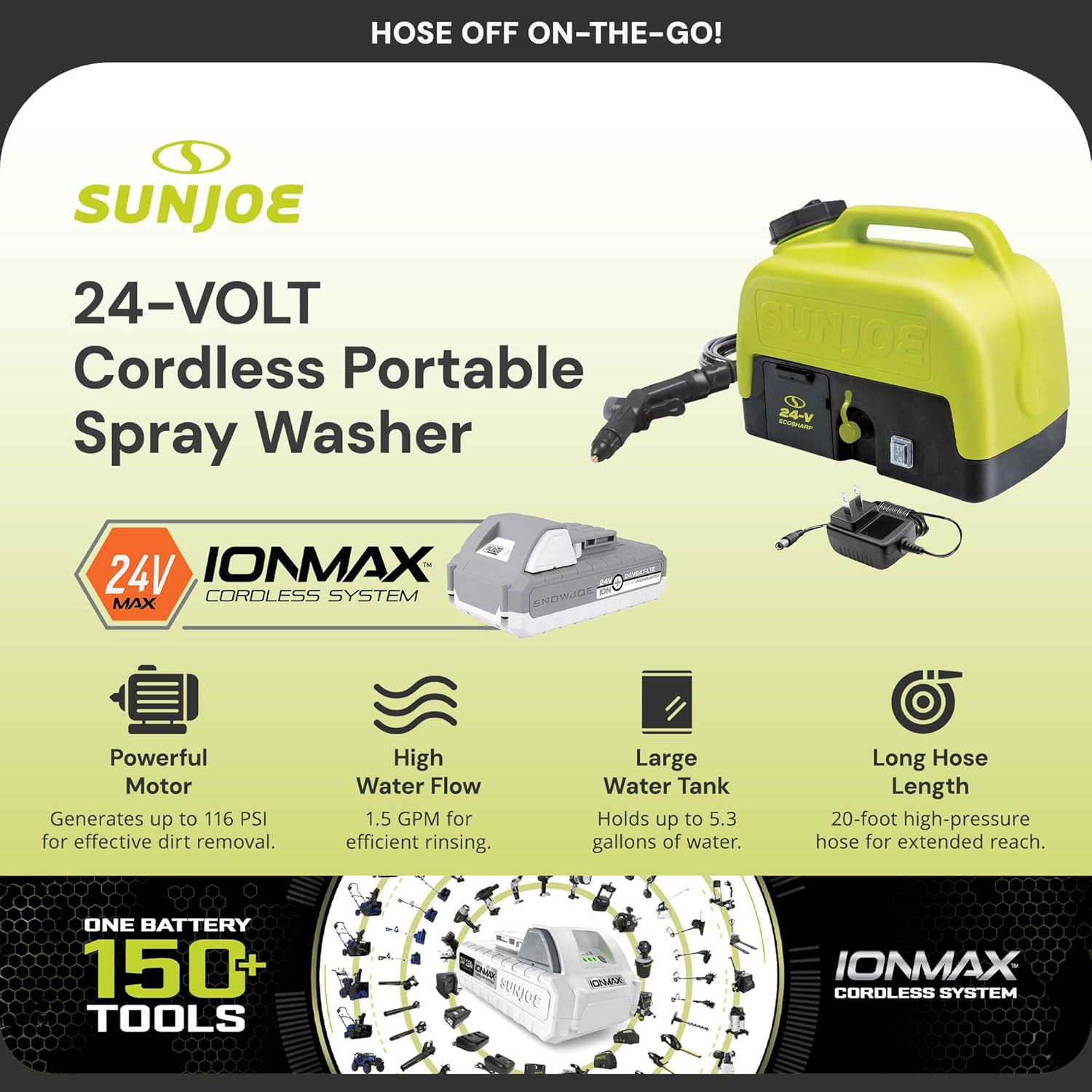 Sun Joe Cordless Electric Pressure Power Washer w/ 2.0Ah Battery, Charger & Adjustable Nozzle, 1.5 GPM, 90W Motor - Heavy-Duty Cleaning Machine for Patios, Decks, Sidewalks & Cars, IONMAX WA24C-LTE - Image 3