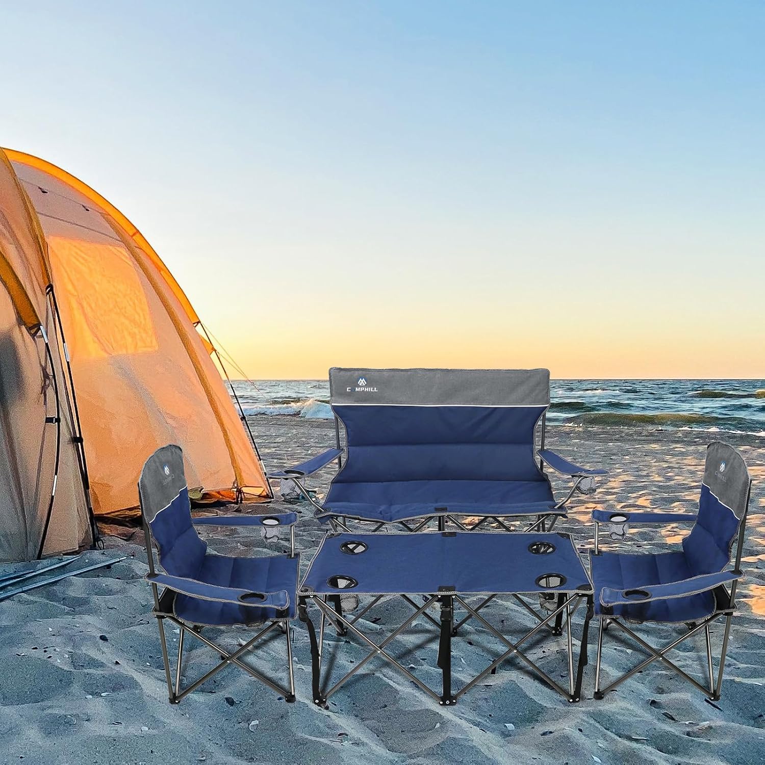 CAMPHILL Camping Chair Set of 3, Outdoor Folding Camping Chairs for Heavy People with Cup Holder & Carry Bag,Collapsible Chair Include One Sofa Chair and Two Single Chair,Support up to 500lbs - Image 2