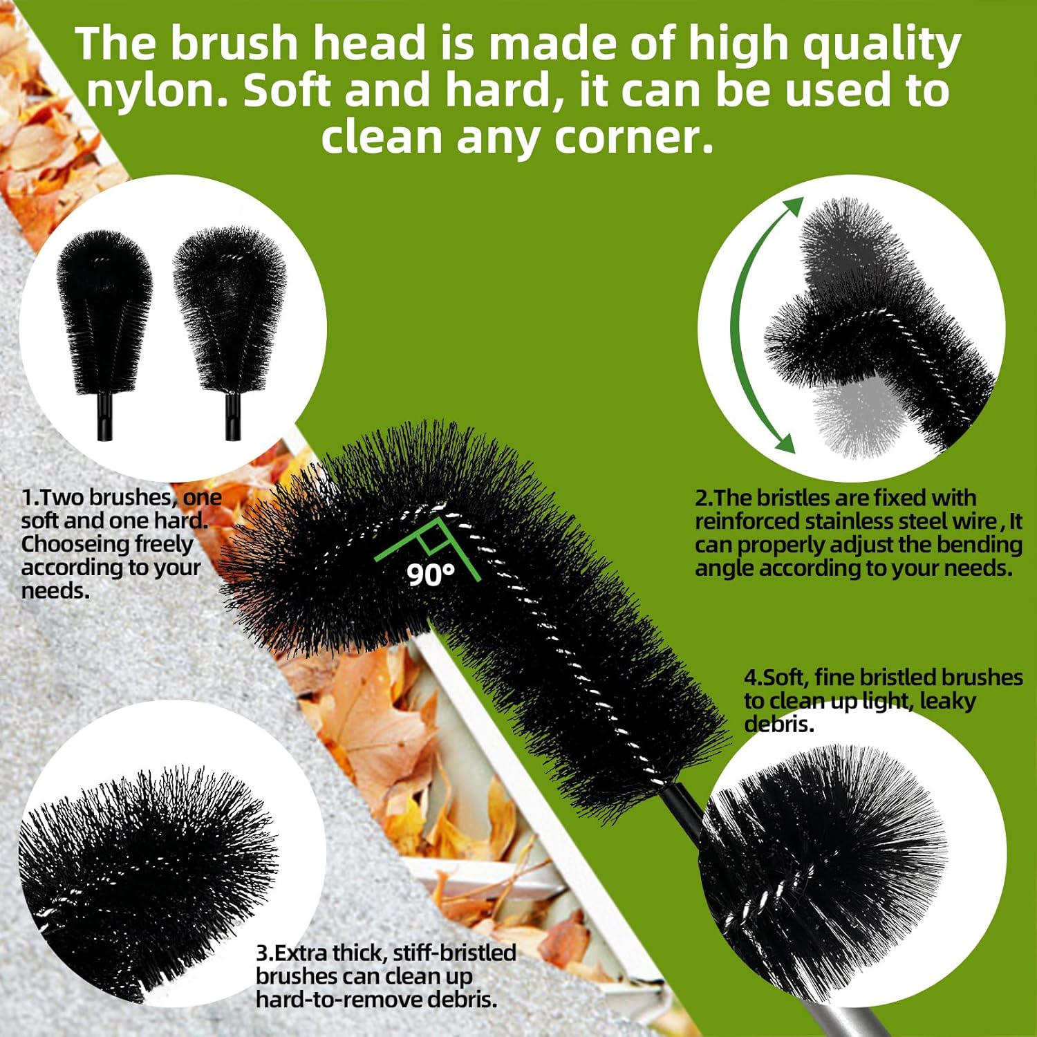 13FT Gutter Cleaner Tools, Long-Reach Rain Gutter Cleaning Brush, Removes Leaf Debris from Roof Gutters Without a Ladder, Leaf Cleaning Kit with 2 Brushes and Storage Bag, Black - Image 6