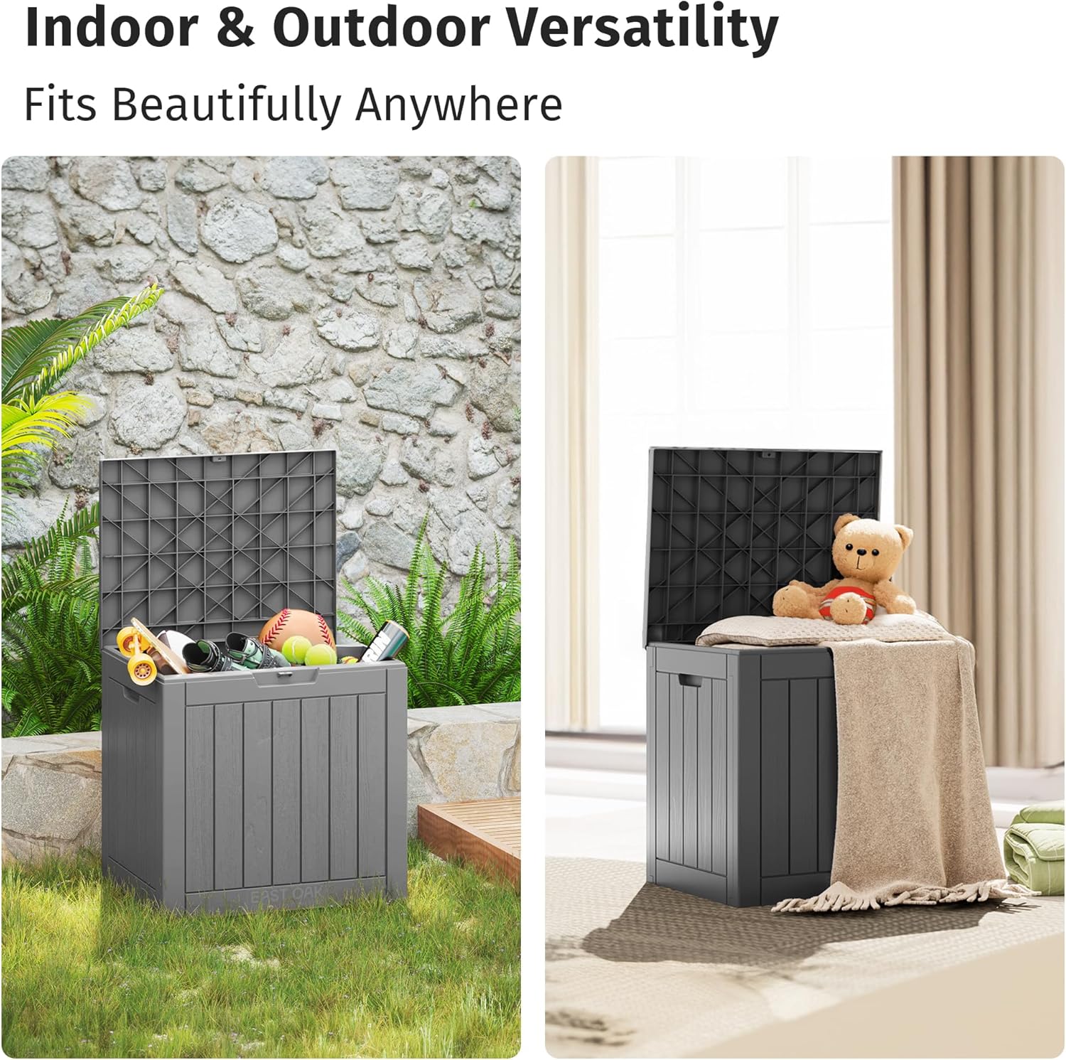 EAST OAK Outdoor Storage Box, 31 Gallon Deck Box Indoor and Outdoor Use, Waterproof Resin Storage Bin for Package Delivery, Patio Cushions, Gardening Tools, Lockable, UV Resistant, Grey - Image 7