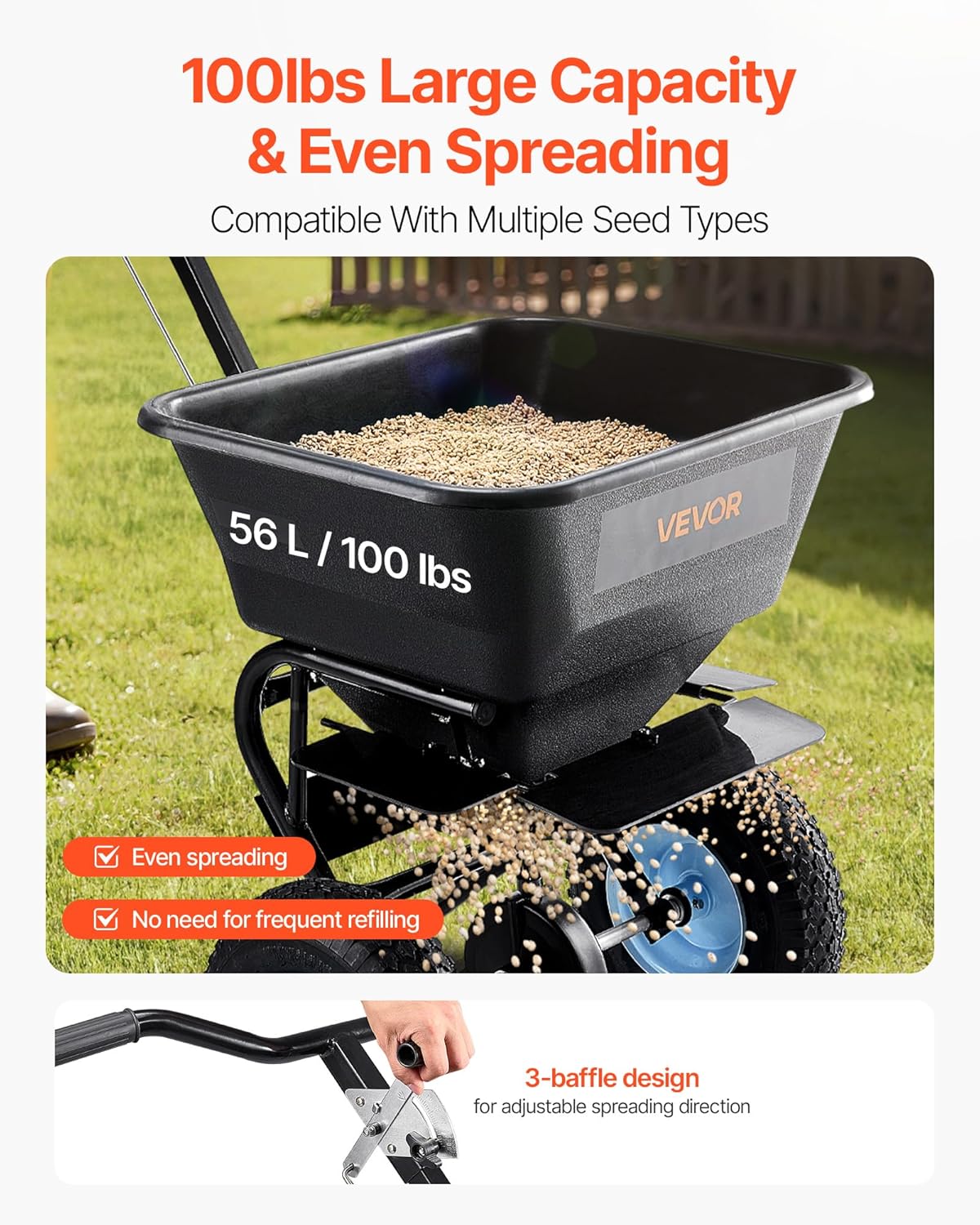 VEVOR Broadcast Spreader, 100LBS Capacity, Walk-Behind Push Spreader, 0-9.8ft Spreading Width, 13 in All Terrain Pneumatic Tires, Fertilizer Spreaders with Hopper Grate, for Seed Salt Ice Melt - Image 2
