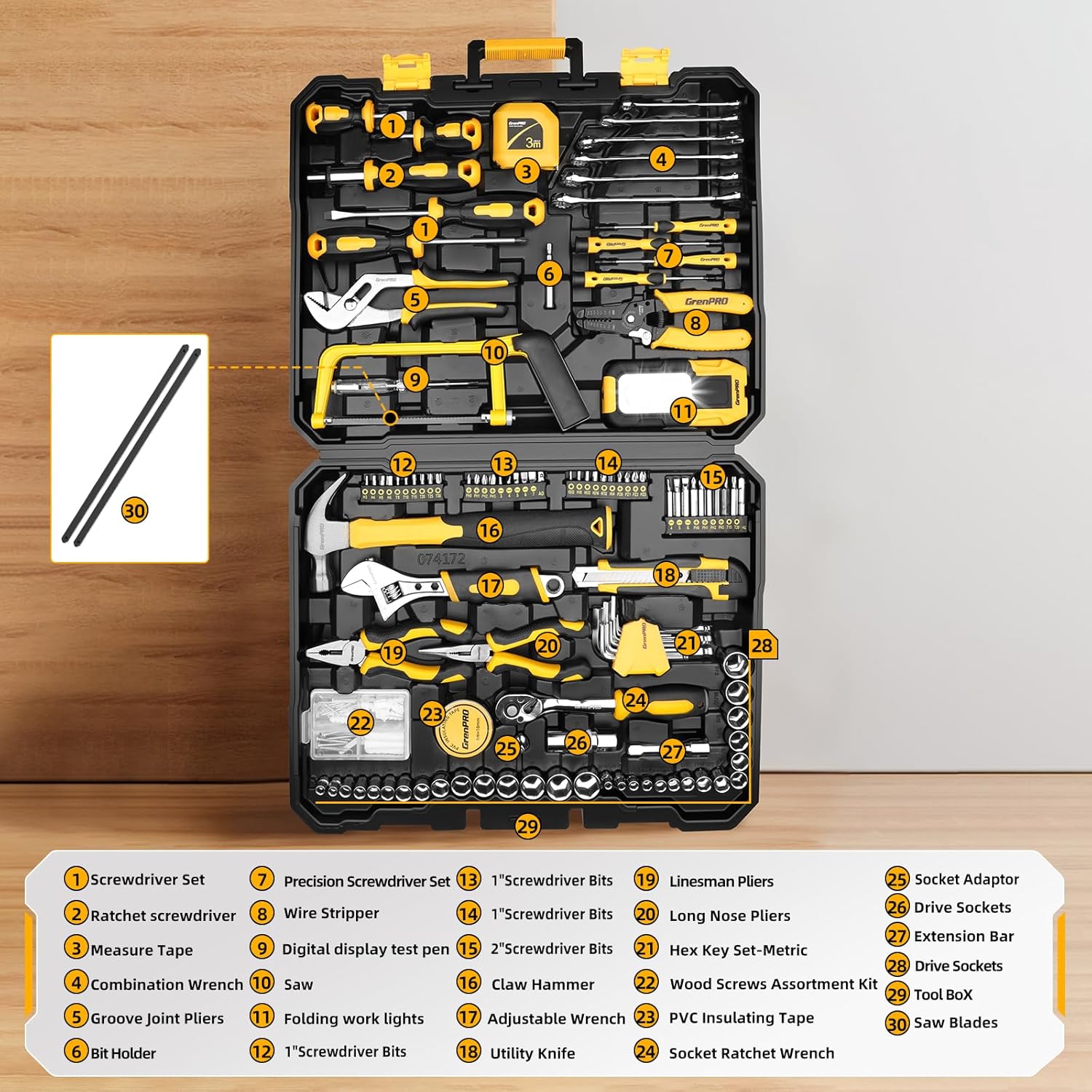 218 Piece Tool Kit for Home, Tool Box with General Household Hand Tools Set, Herramientas with Screwdrivers, Wrenches, Hammer, Bow Saw, Folding Work Lamp, Electric Pen and Other Basic Tool Kit - Image 2