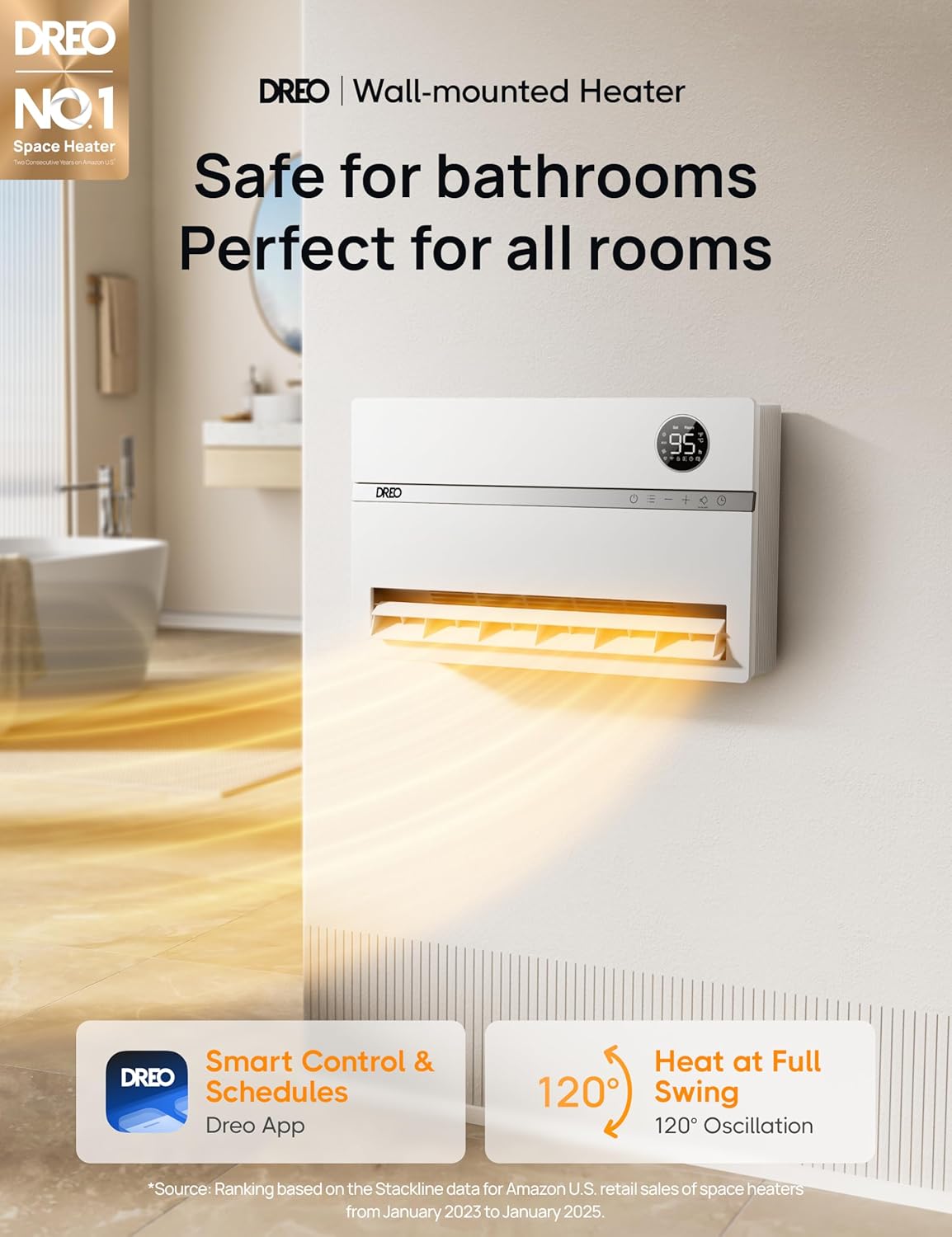 DREO Wall Heater for Bathroom, Smart Space Heaters with ALCI Plug, 1500W, 120° Vertical Oscillation, Adjustable Thermostat, 24H Timer, Easy Installation Electric Heater for Indoor use, Bedroom, Office - Image 2