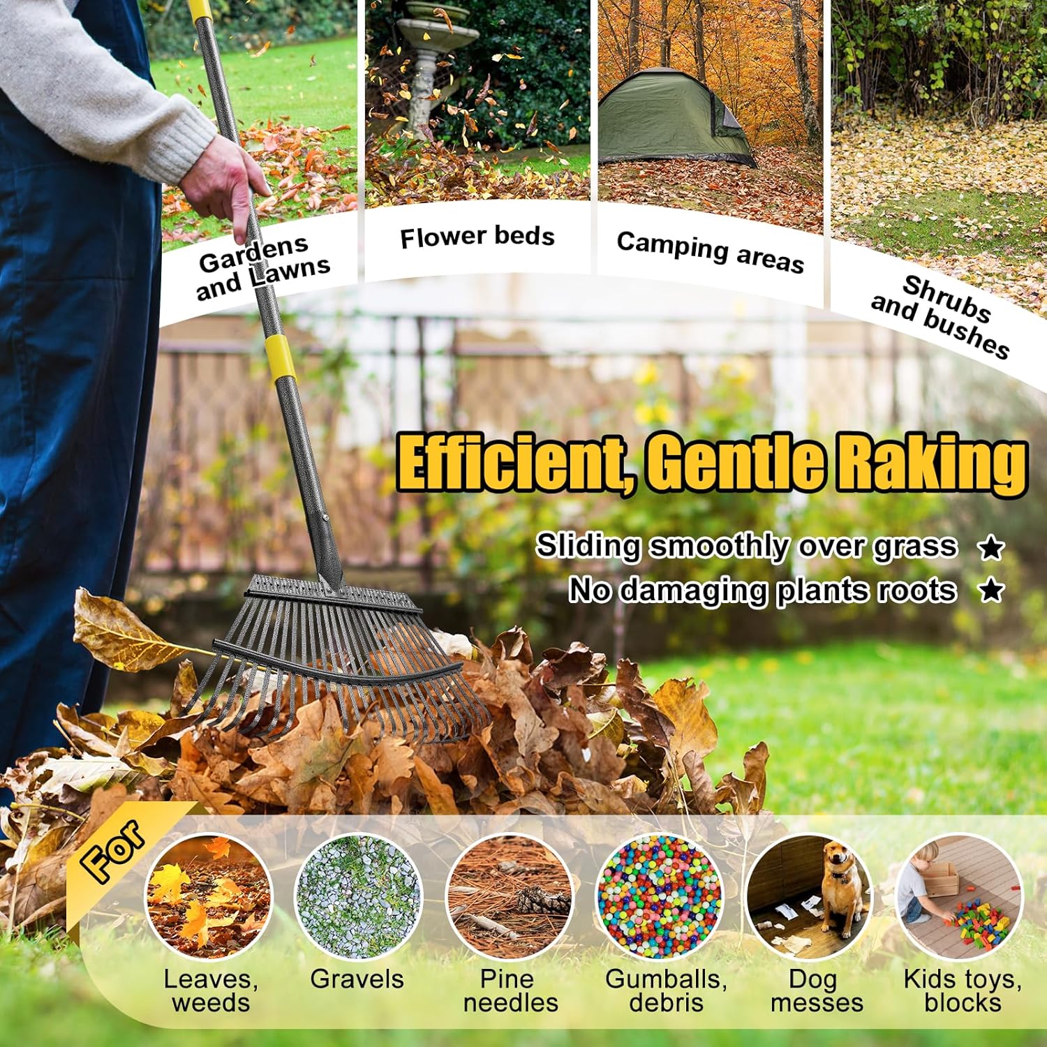 Garden Rake for Leaves: 18” Wide Metal Leaf Rake, 65” Long Adjustable Handle, Heavy Duty 25 Teeth, Fast Kids Women Large Lawn Yard Garden Leaf Cleanup Gardening Rakes: Grass,Debris,Pine Needles Pick - Image 5