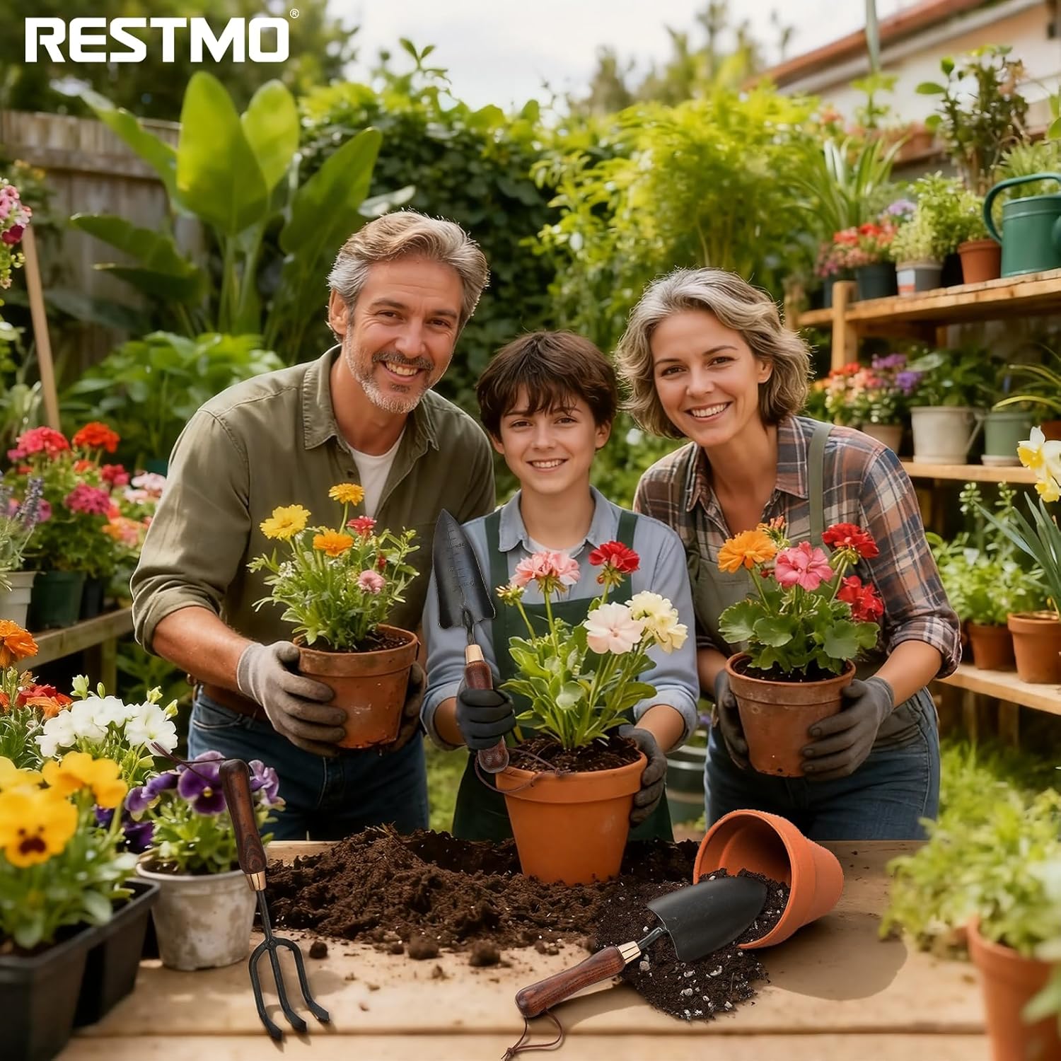 RESTMO 3-in-1 Heavy Duty Gardening Tools Kit, Premium Carbon Steel Garden Hand Tools with Ergonomic Wooden Handle Includes Trowel, Transplanter, and Cultivator, Ideal Gardening Gifts for Gardener - Image 9