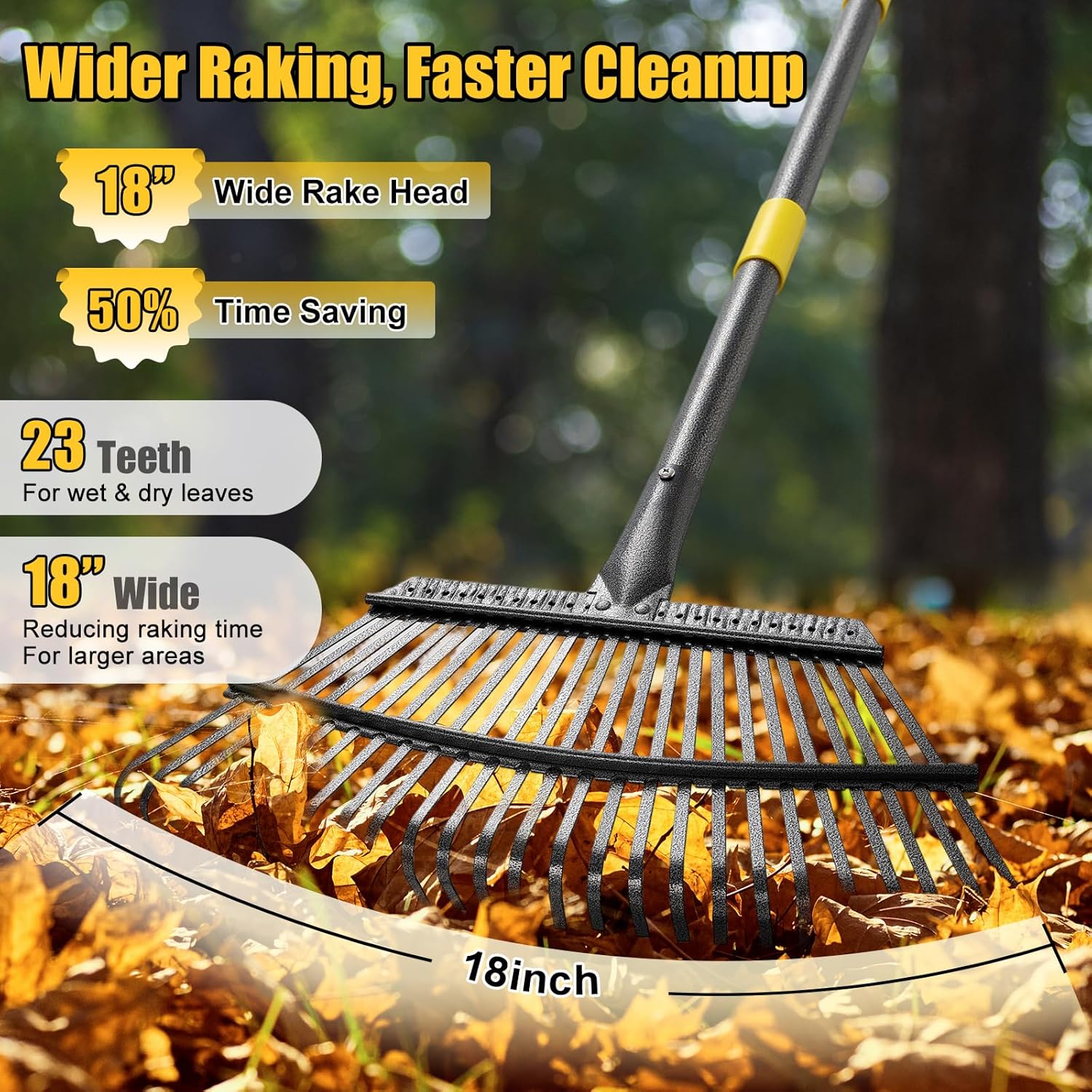 Garden Rake for Leaves: 18” Wide Metal Leaf Rake, 65” Long Adjustable Handle, Heavy Duty 25 Teeth, Fast Kids Women Large Lawn Yard Garden Leaf Cleanup Gardening Rakes: Grass,Debris,Pine Needles Pick - Image 2
