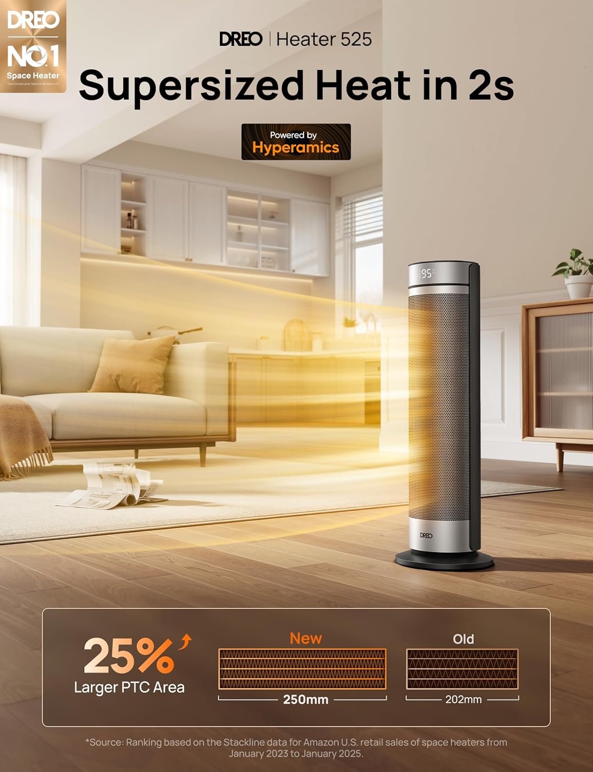 DREO Space Heater for Large Room, 23 Inch Electric Heaters for Indoor Use, 8 Safe Protection Tower, 70° Oscillation, PTC Ceramic with Thermostat and Remote, Quiet, 12H Timer, Bedroom, Office - Image 2