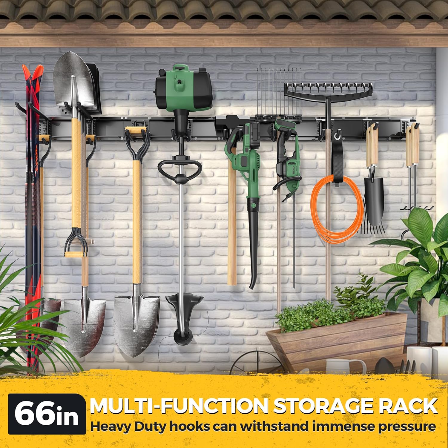 LBT 66" Garage Tool Organizer Wall Mount - 720lbs Garden Tool Organizer with Adjustable Hooks, Heavy Duty Metal Garage Storage Rack, Anti-Rust Shed Rack Holder Hanging Rake Broom Mower Snowboard - Image 6