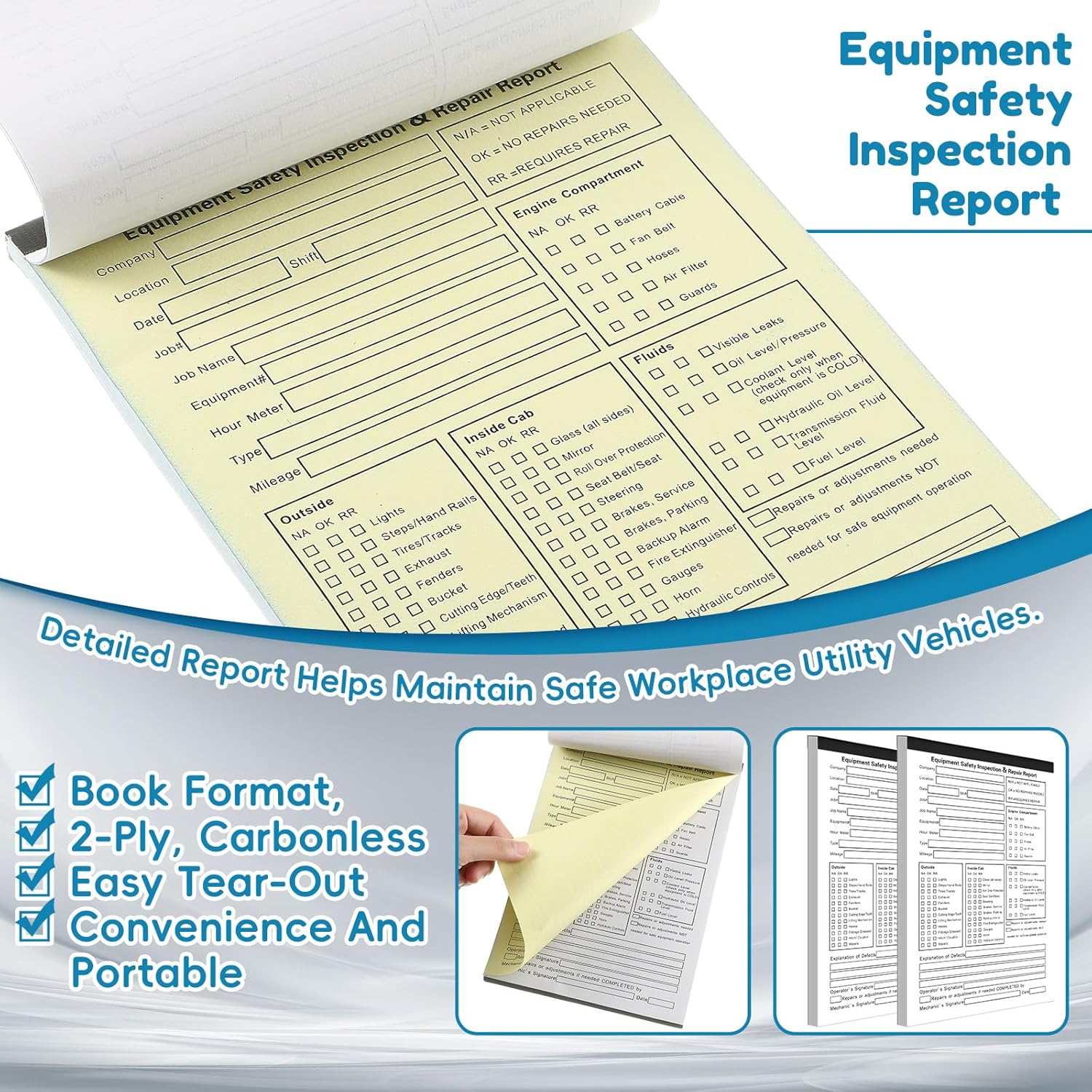 10 Pack 5.5" x 8.5" Equipment Safety Inspection Report Detailed Driver's Vehicle Inspection Report Book Daily Pre Trip 2-ply, Carbonless, 31 Sets of Forms Per Book - Image 3