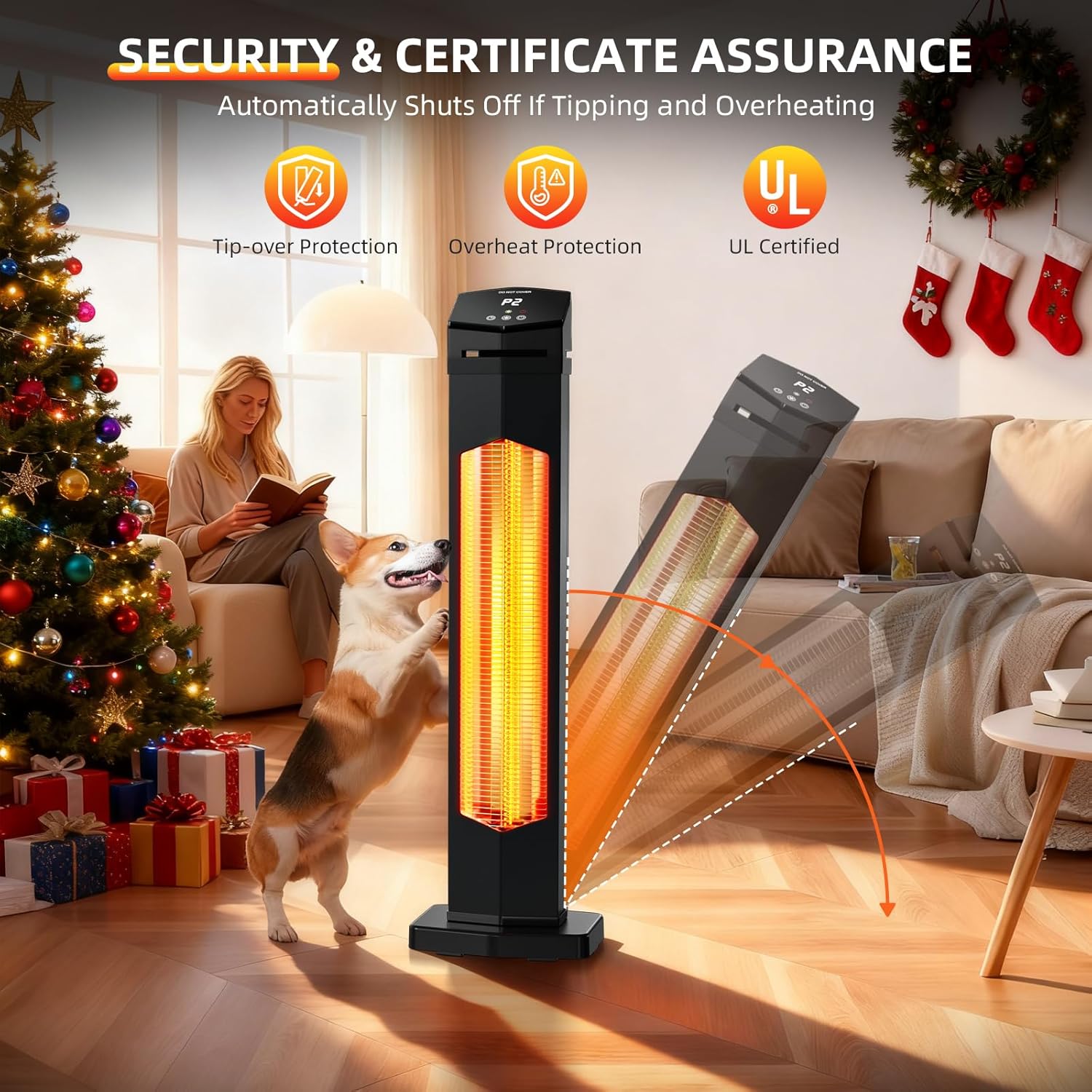 1500W Electric Patio Heater, 36inch Infrared Heater with Remote, IPX5 Waterproof Infrared Tower Space Heater, 2 Heat Levels, 12H Timers, Tip-Over & Overheat Protection for Garage, Indoor, Home - Image 4