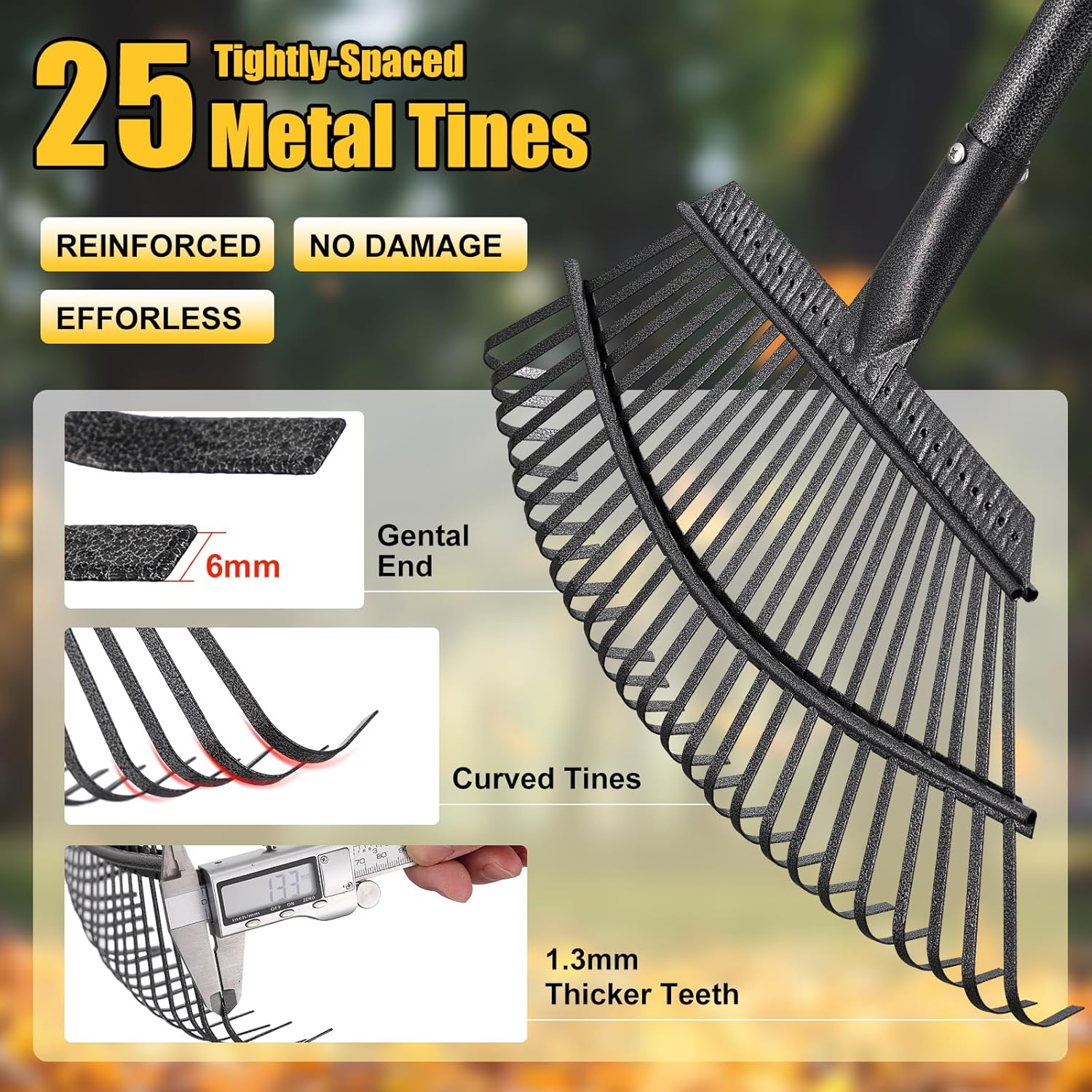 Garden Rake for Leaves: 18” Wide Metal Leaf Rake, 65” Long Adjustable Handle, Heavy Duty 25 Teeth, Fast Kids Women Large Lawn Yard Garden Leaf Cleanup Gardening Rakes: Grass,Debris,Pine Needles Pick - Image 4