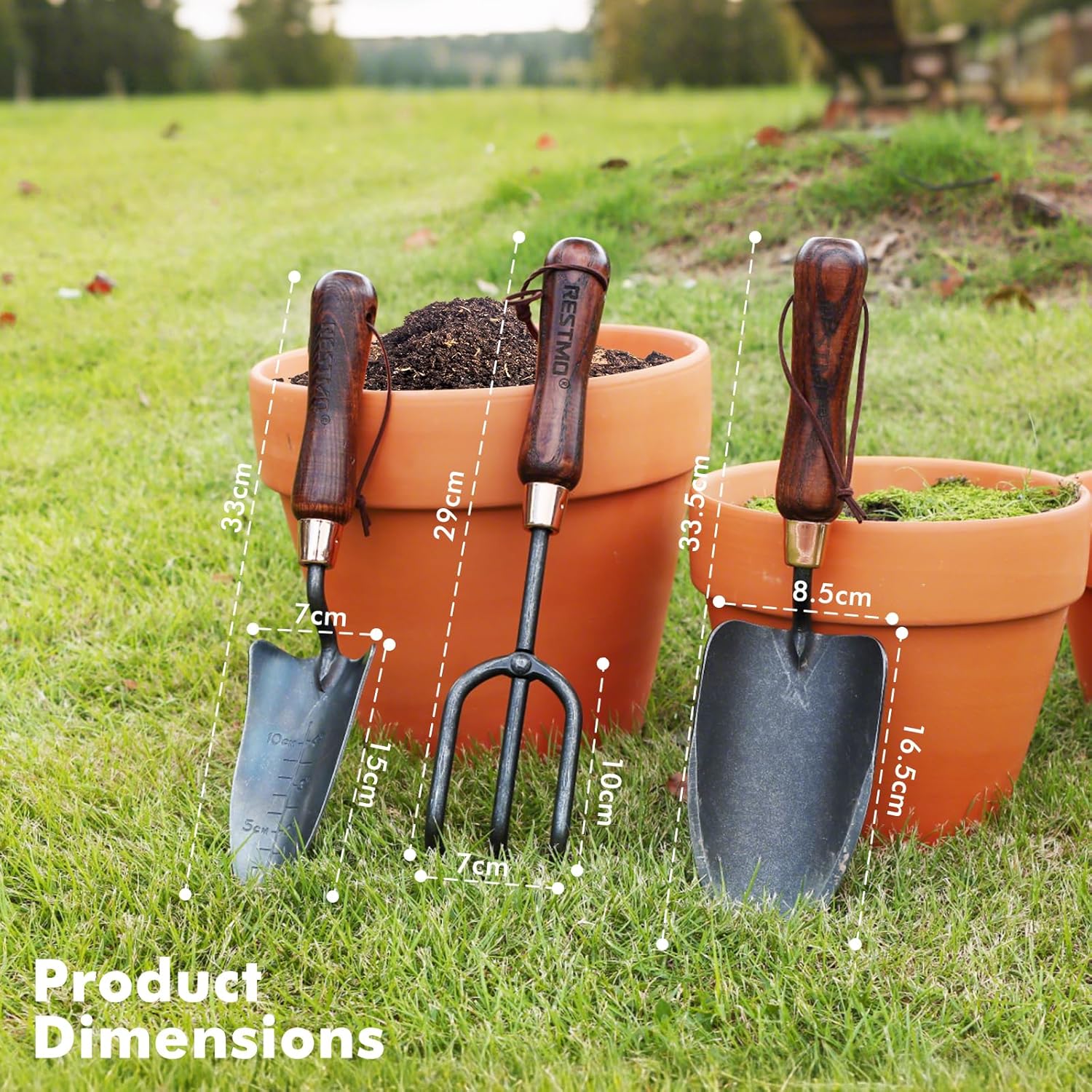 RESTMO 3-in-1 Heavy Duty Gardening Tools Kit, Premium Carbon Steel Garden Hand Tools with Ergonomic Wooden Handle Includes Trowel, Transplanter, and Cultivator, Ideal Gardening Gifts for Gardener - Image 7