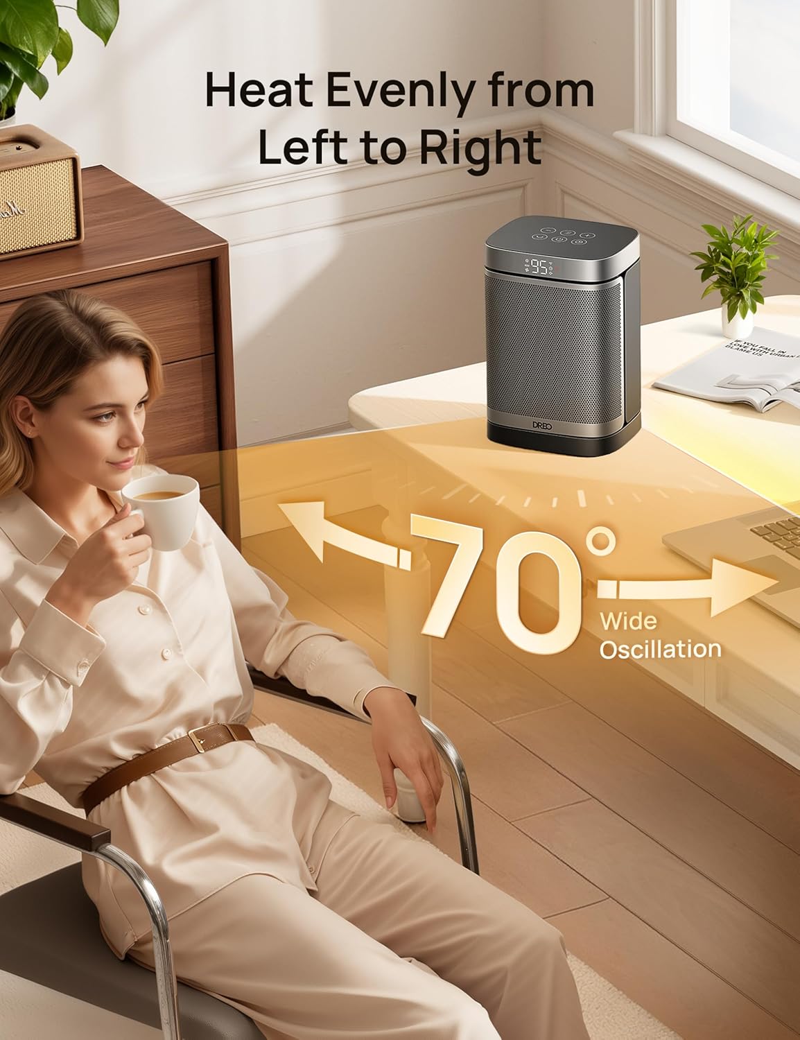 DREO Space Heater, 1500W Portable Electric Heaters for Indoor Use, PTC Ceramic Heater for Office with Remote, Thermostat, 70°Oscillation, 12H Timer, 5 Modes, Safe Quiet Room Heater for Bedroom - Image 7