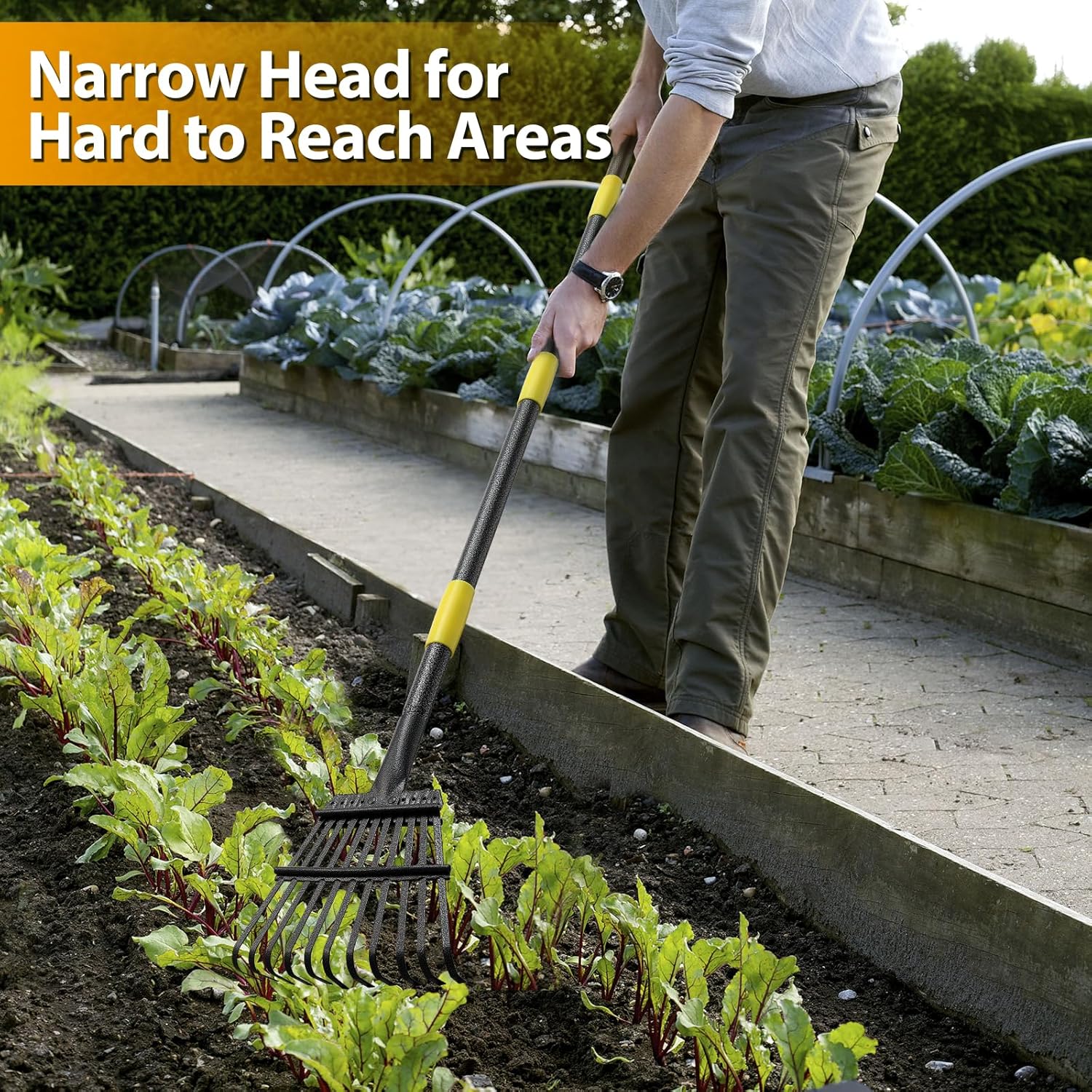 Rake, Garden Leaf Rakes for Lawns Heavy Duty, Yard Metal Rake Tools with 9" Small Narrow Rake Head, 65” Adjustable Long Handle, 11 Steel Tines, Quick Clean up Rake for Shrub, Flower Bed, Camping - Image 3