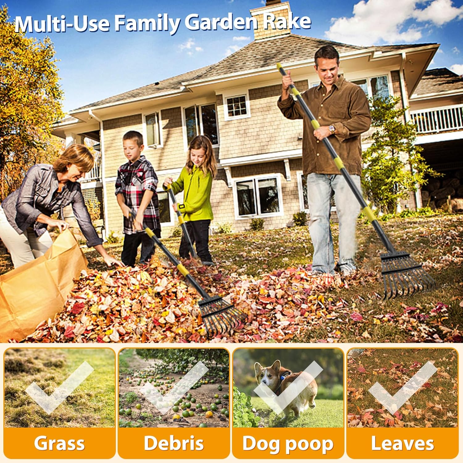 Rake, Garden Leaf Rakes for Lawns Heavy Duty, Yard Metal Rake Tools with 9" Small Narrow Rake Head, 65” Adjustable Long Handle, 11 Steel Tines, Quick Clean up Rake for Shrub, Flower Bed, Camping - Image 7
