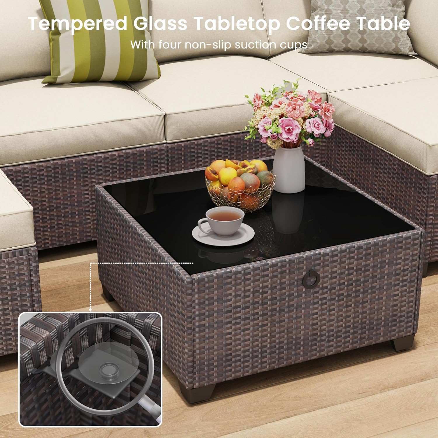 7 Piece Outdoor Patio Furniture Set, Outdoor Sectional Furniture, Rattan & Wicker Modern Modular Conversation Set Sectional Sofa W/Water Resistant Washable Thick Cushions and Coffee Table, Brown/Beige - Image 5