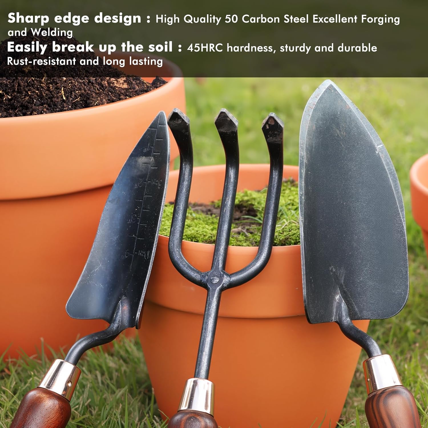 RESTMO 3-in-1 Heavy Duty Gardening Tools Kit, Premium Carbon Steel Garden Hand Tools with Ergonomic Wooden Handle Includes Trowel, Transplanter, and Cultivator, Ideal Gardening Gifts for Gardener - Image 5