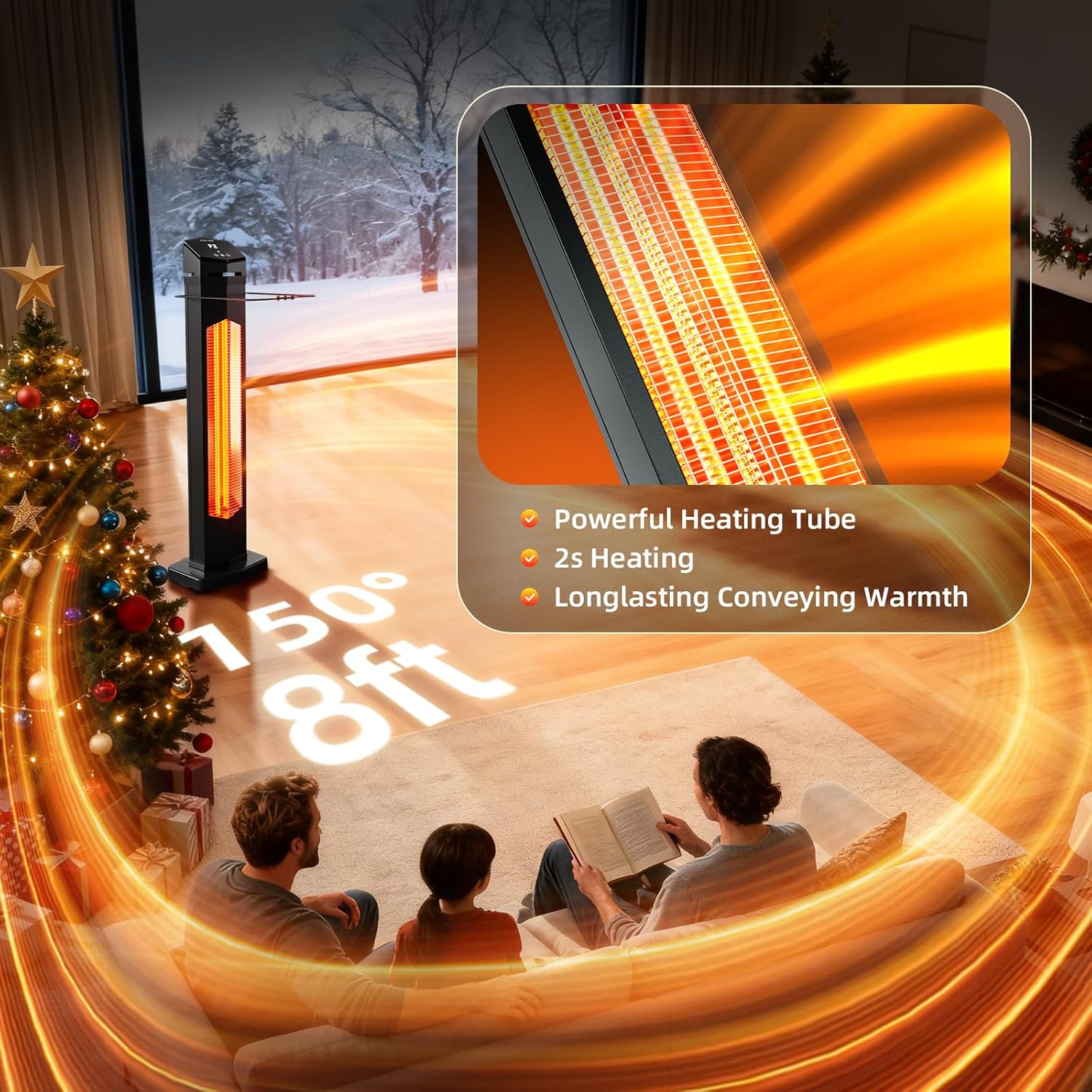 1500W Electric Patio Heater, 36inch Infrared Heater with Remote, IPX5 Waterproof Infrared Tower Space Heater, 2 Heat Levels, 12H Timers, Tip-Over & Overheat Protection for Garage, Indoor, Home - Image 5