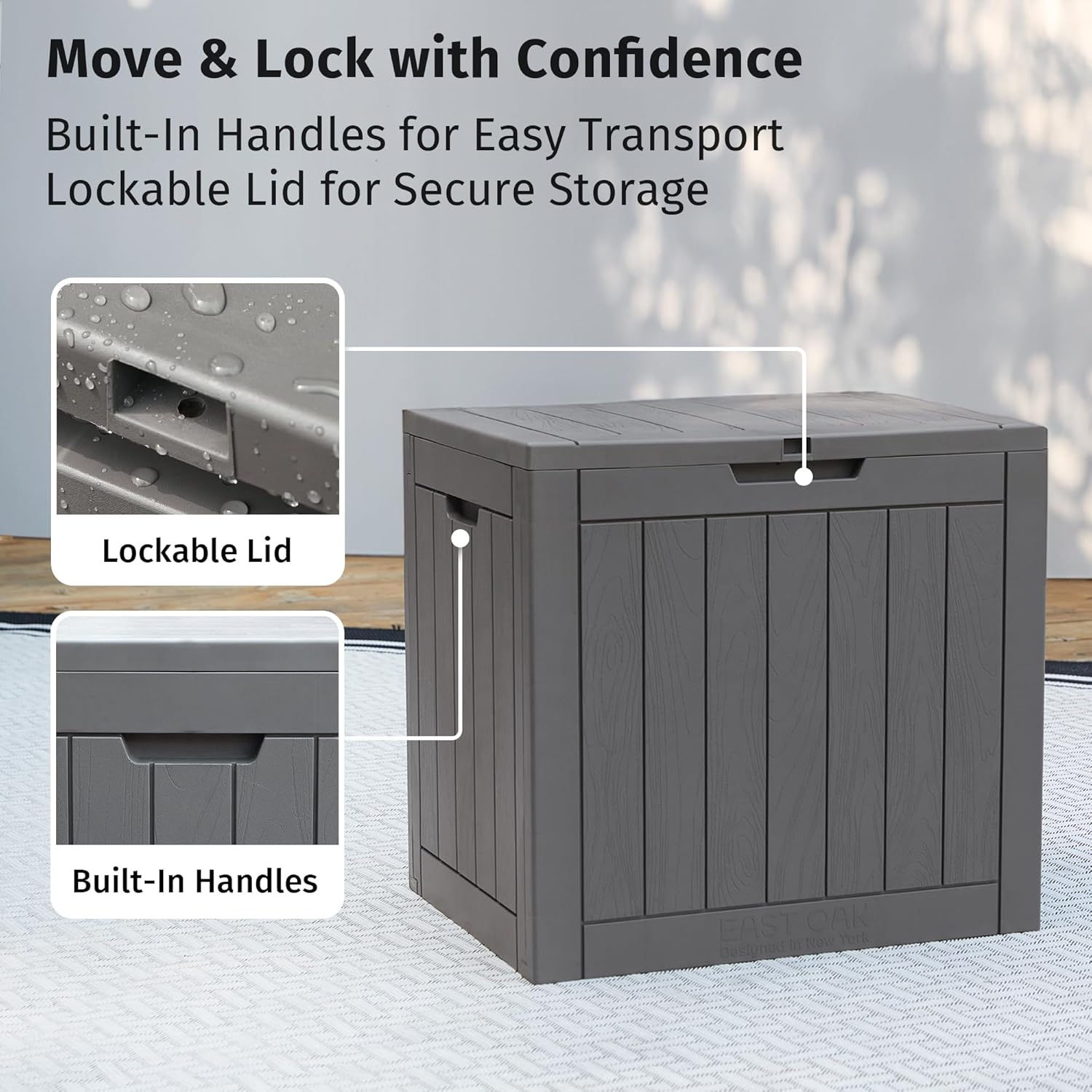 EAST OAK Outdoor Storage Box, 31 Gallon Deck Box Indoor and Outdoor Use, Waterproof Resin Storage Bin for Package Delivery, Patio Cushions, Gardening Tools, Lockable, UV Resistant, Grey - Image 5