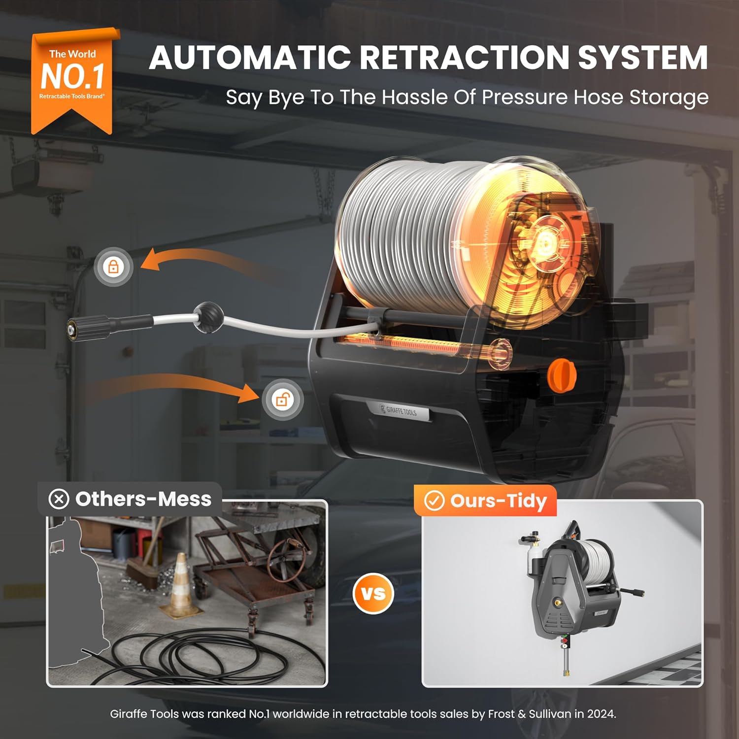 Giraffe Tools Grandfalls Retractable Wall Mount Pressure Washer Plus, Max 2900PSI 2.2 GPM, Electric Power Washer with 100ft Pressure Hose for Car/Patios, Automatic Rewind, Dark Silver - Image 4