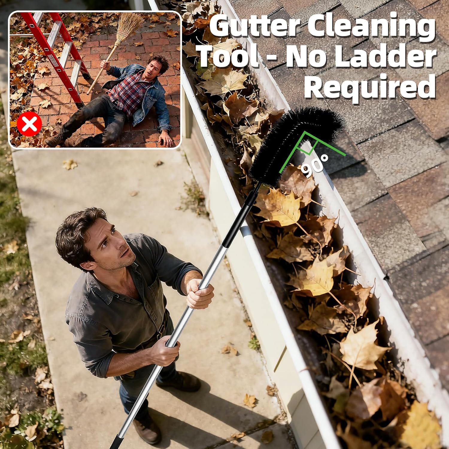 13FT Gutter Cleaner Tools, Long-Reach Rain Gutter Cleaning Brush, Removes Leaf Debris from Roof Gutters Without a Ladder, Leaf Cleaning Kit with 2 Brushes and Storage Bag, Black - Image 4